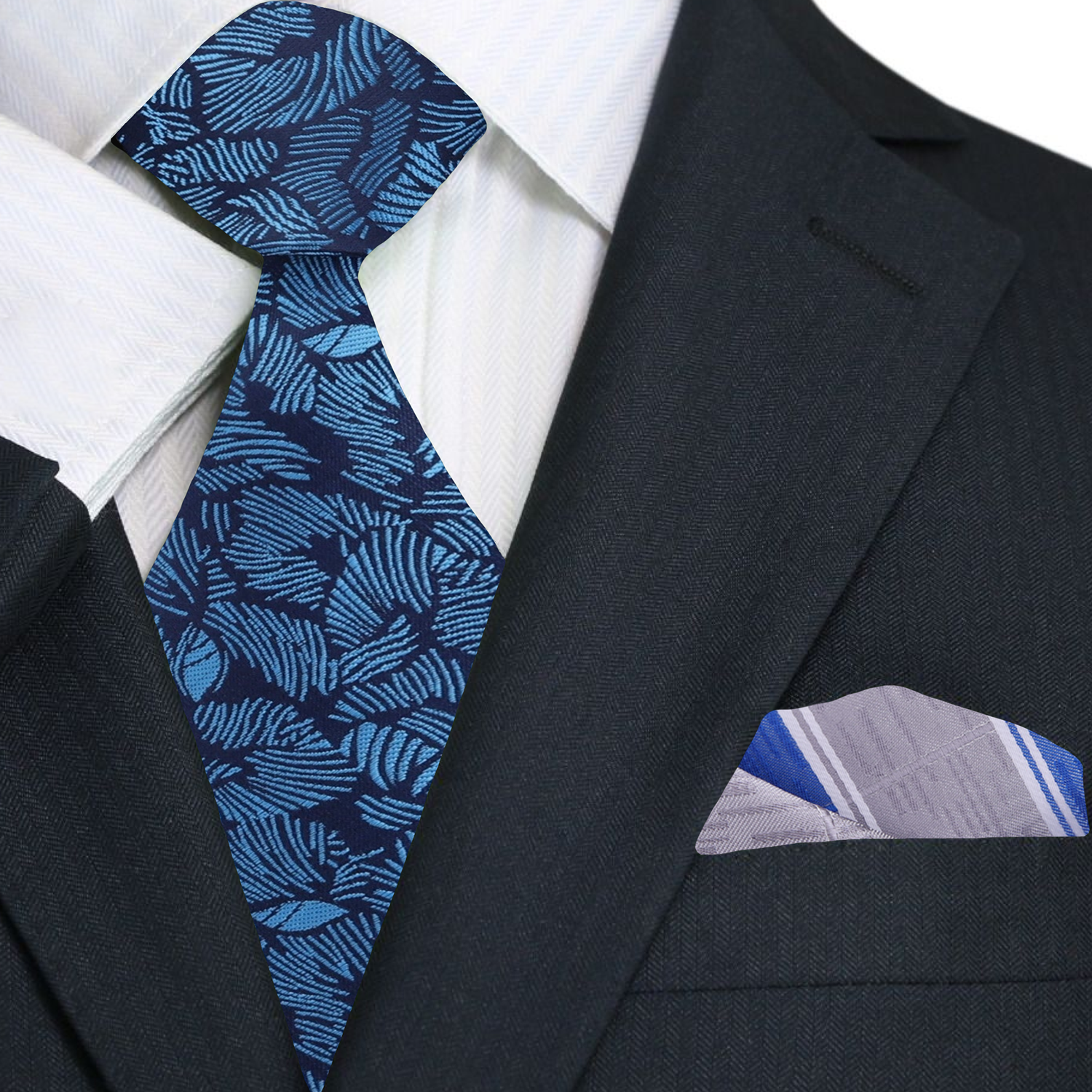 Close-up of tropical patterned mens tie in vibrant blue colors