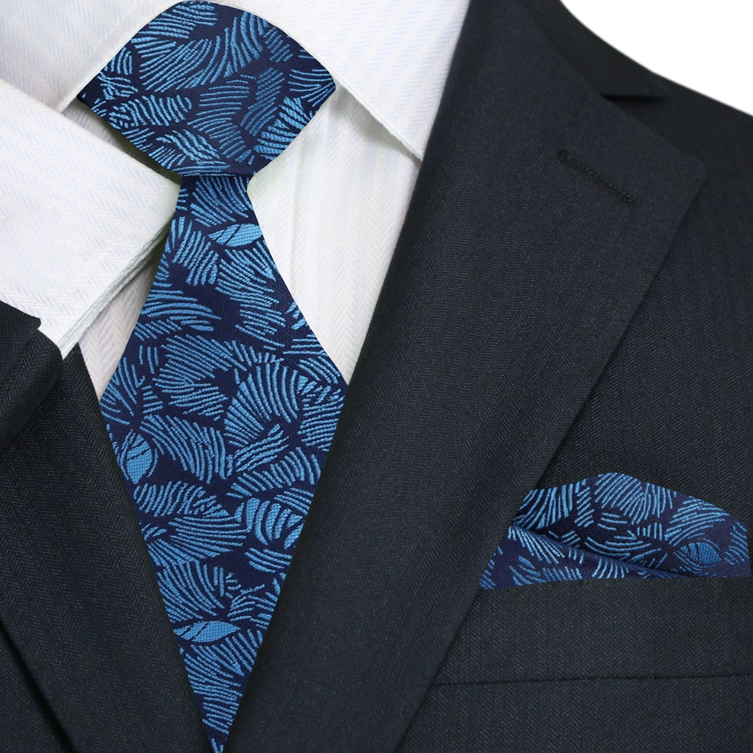 Close-up of tropical patterned mens tie in vibrant blue colors