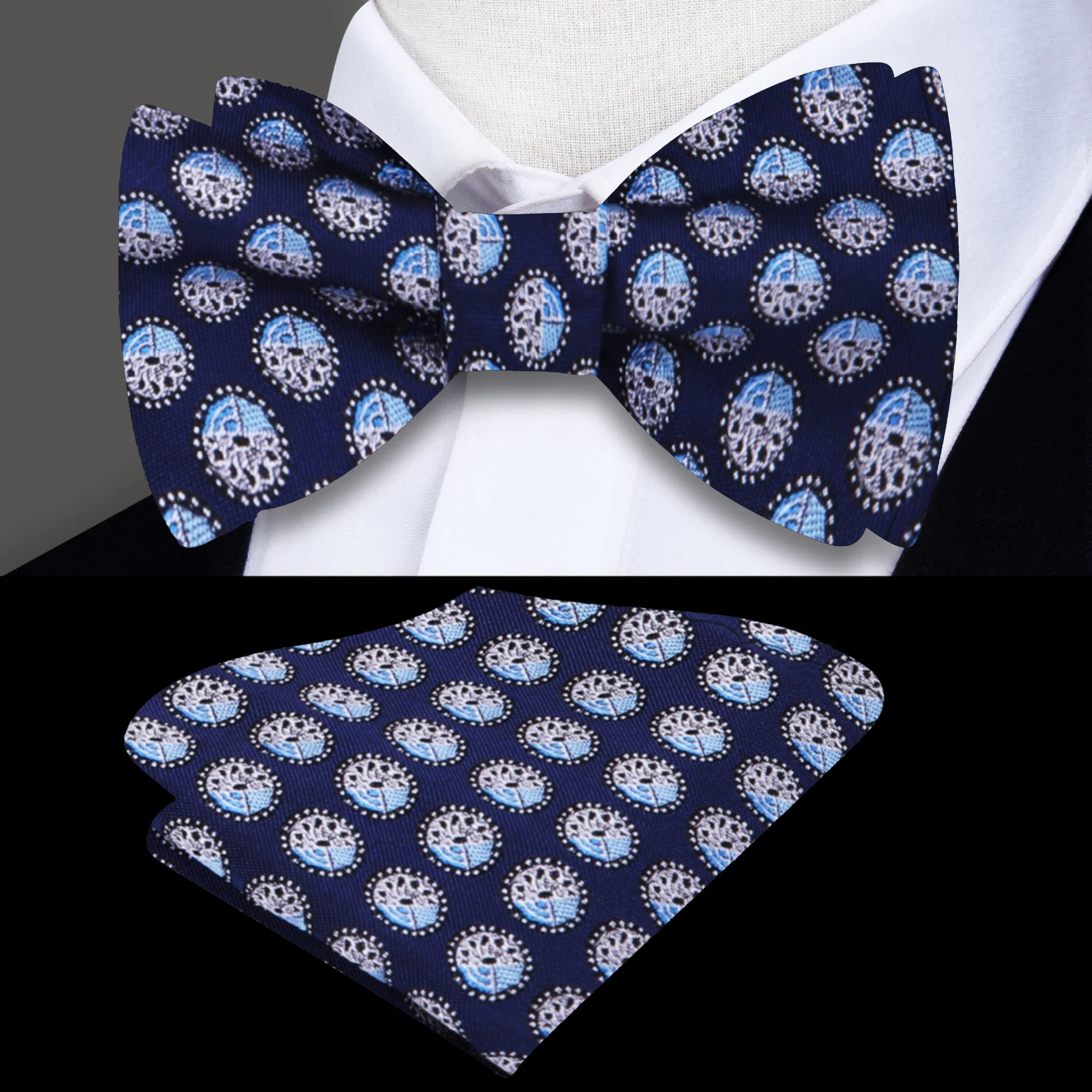 Close-up of blue circles self-tie bow tie showcasing its playful pattern.