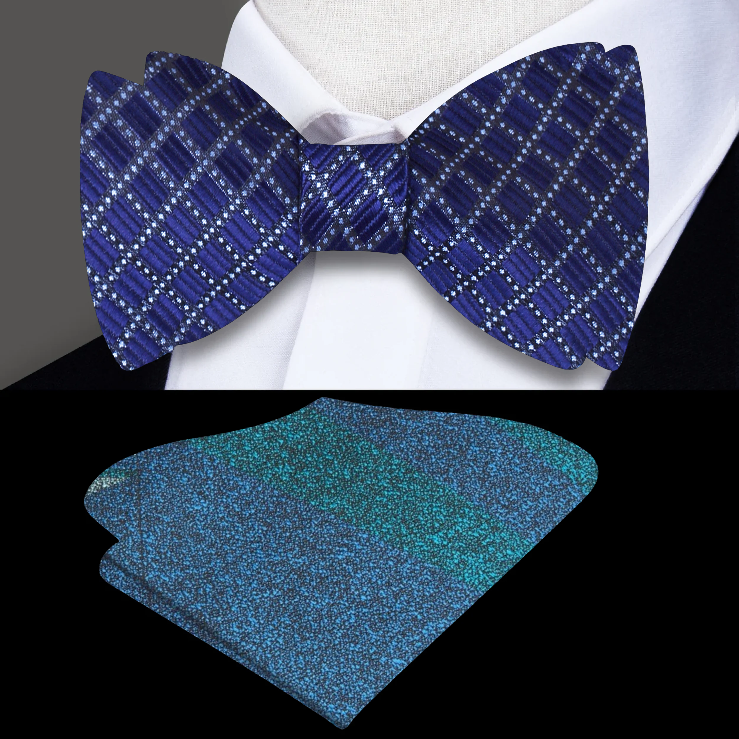 Front view of merlot geometric self-tie bow tie on a mannequin, highlighting the checkered pattern
