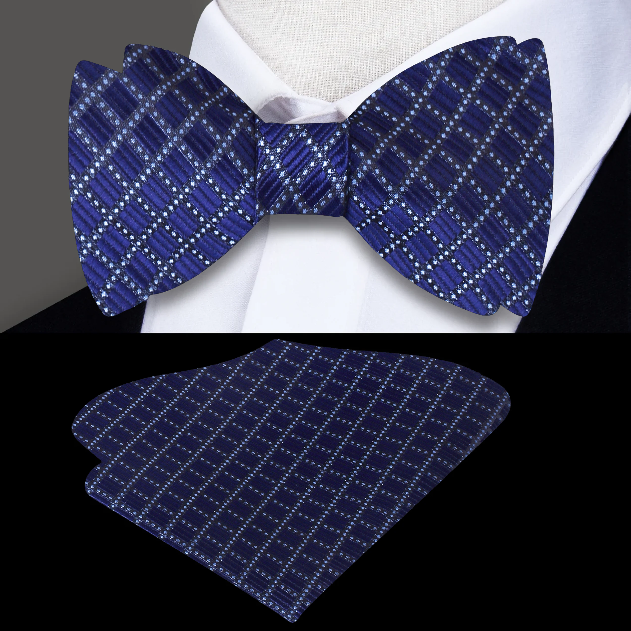Model wearing a checkered bow tie with a navy suit, perfect for formal events