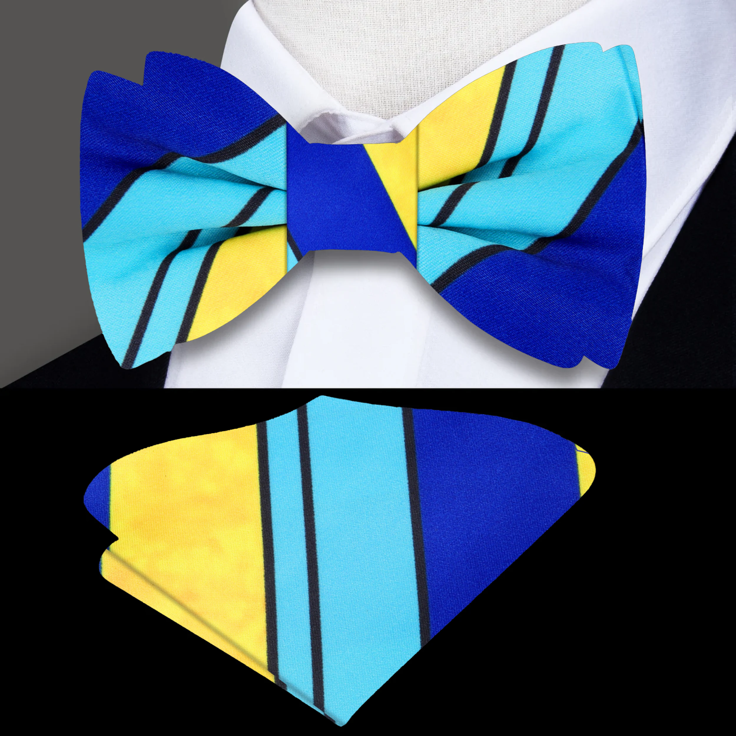Flat lay of the blue and yellow stripe silk bow tie alongside a matching pocket square.