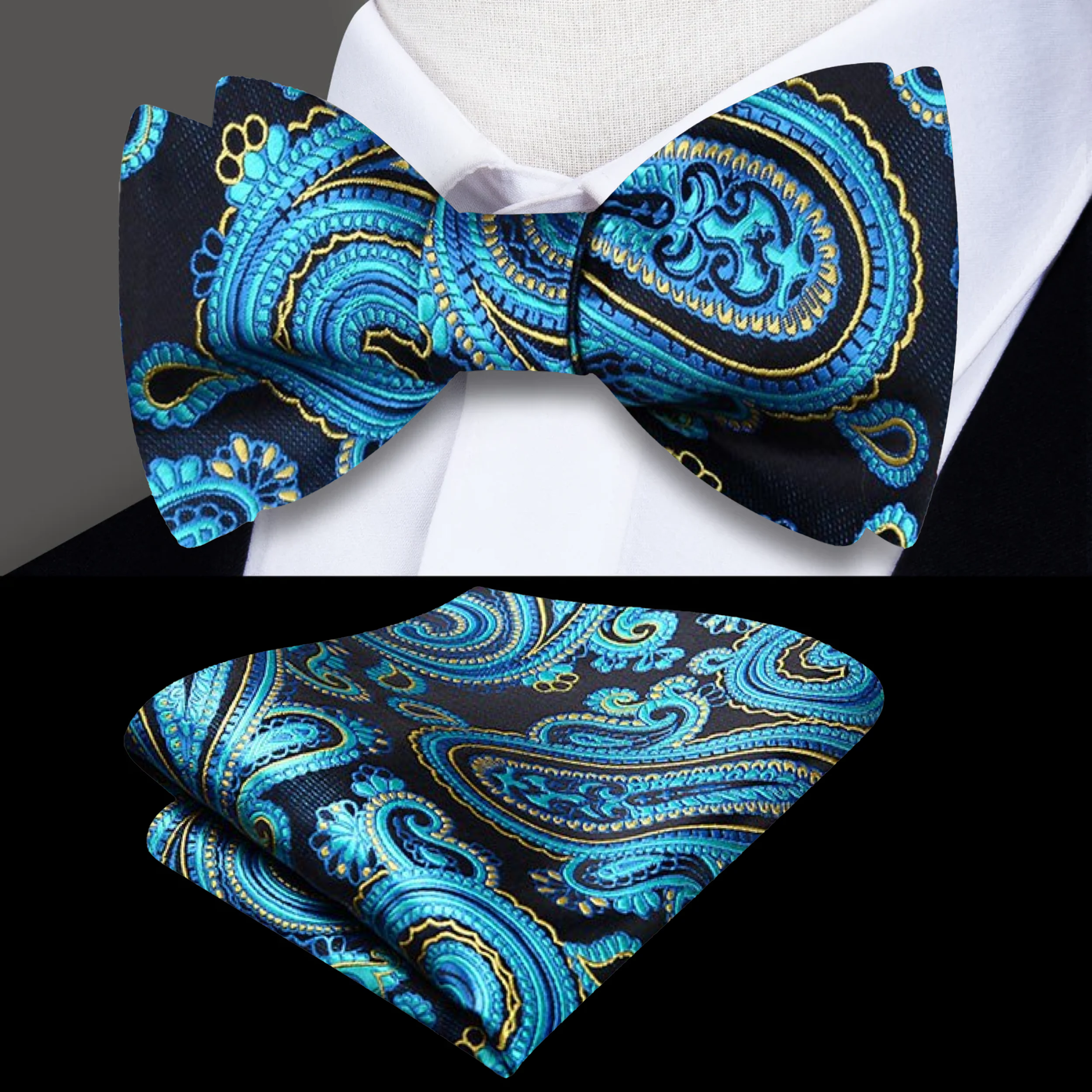 Stylish gentleman wearing a blue paisley bow tie at a wedding event