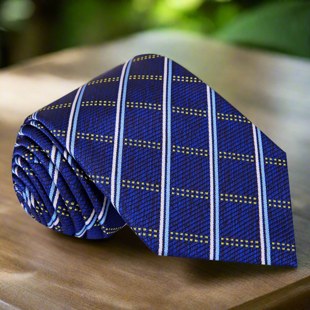 Front view of a blue plaid necktie with silk texture, ideal for weddings and business attire