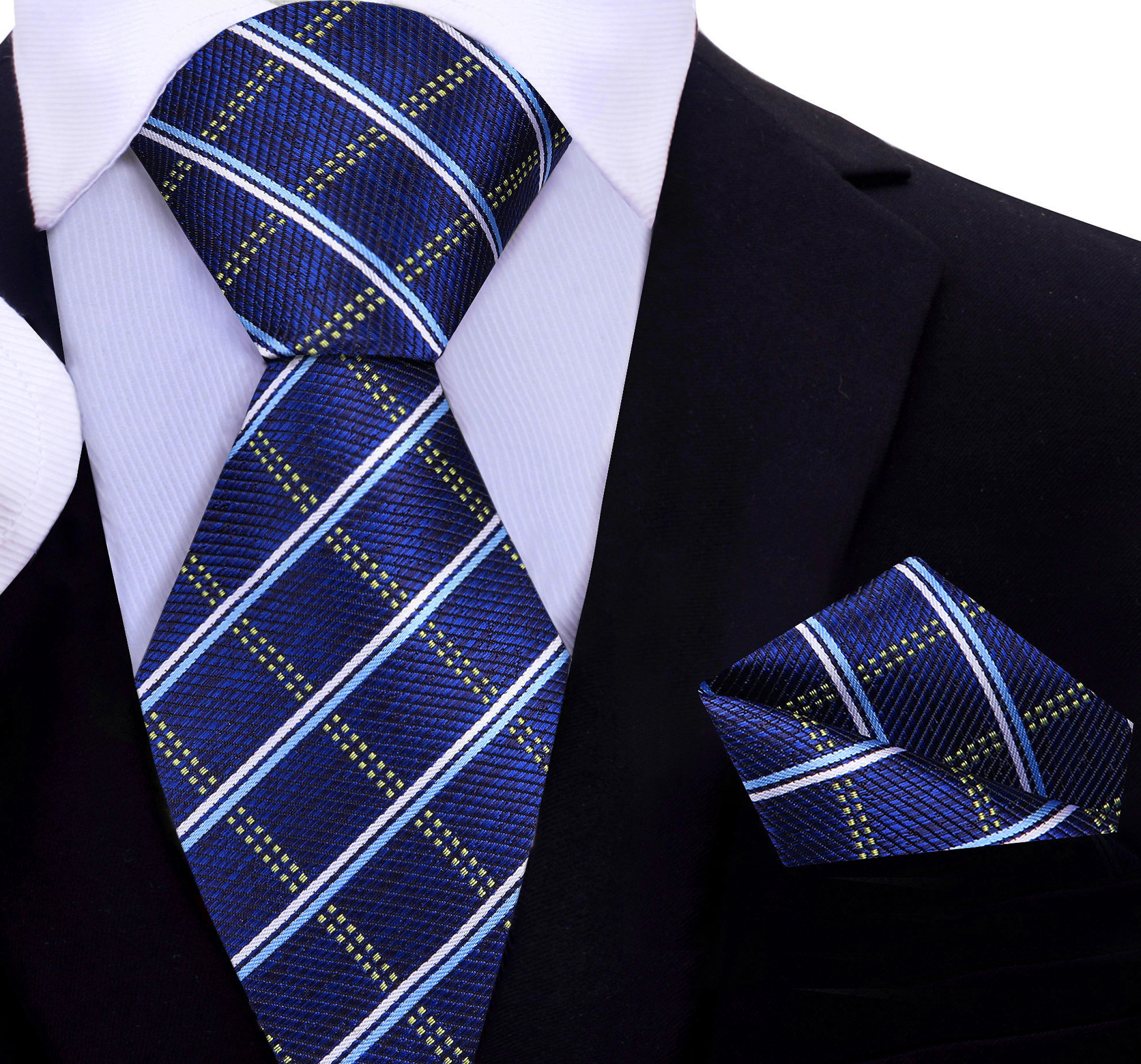 Model wearing a stylish blue plaid tie with navy suit for formal events