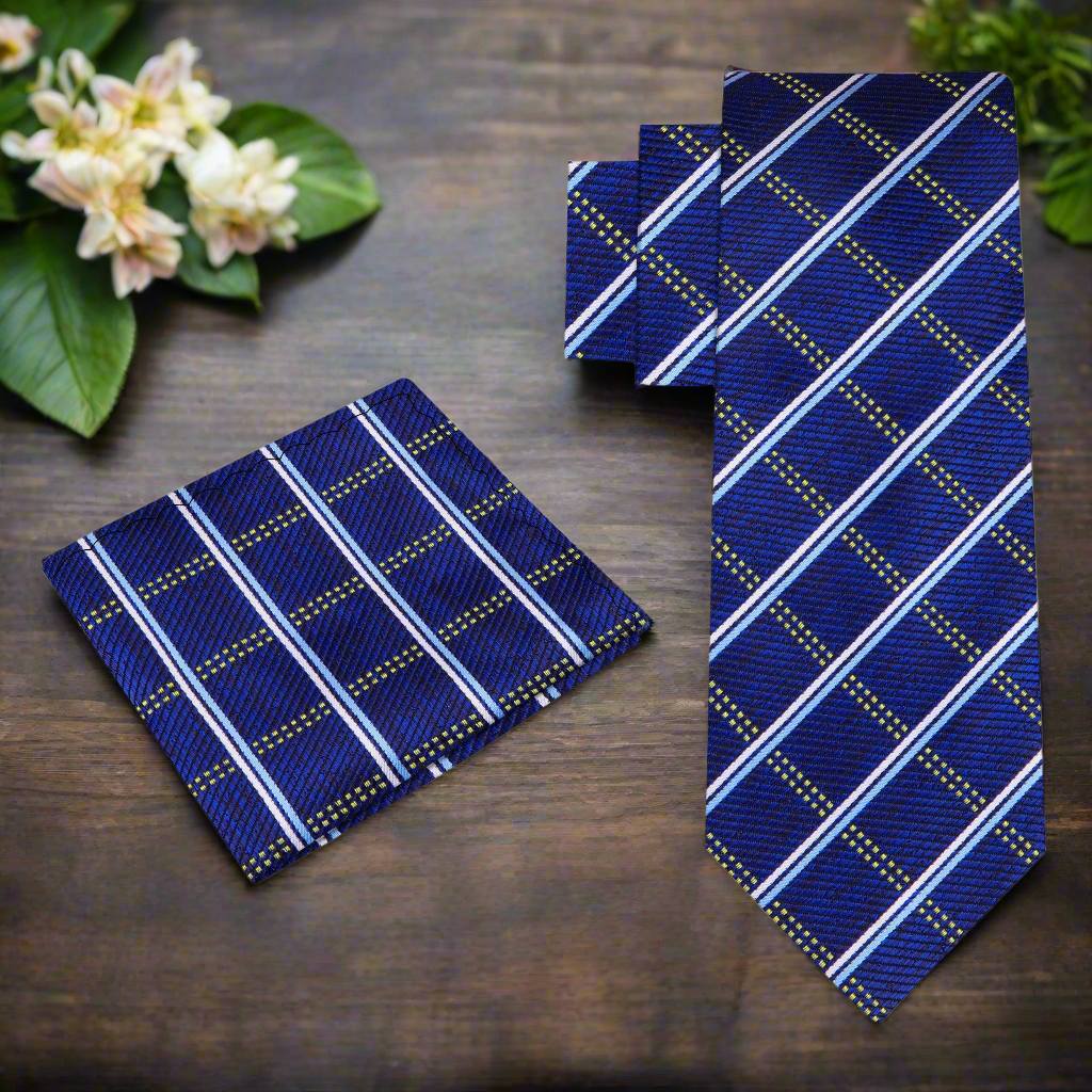 Front view of a blue plaid necktie with silk texture, ideal for weddings and business attire