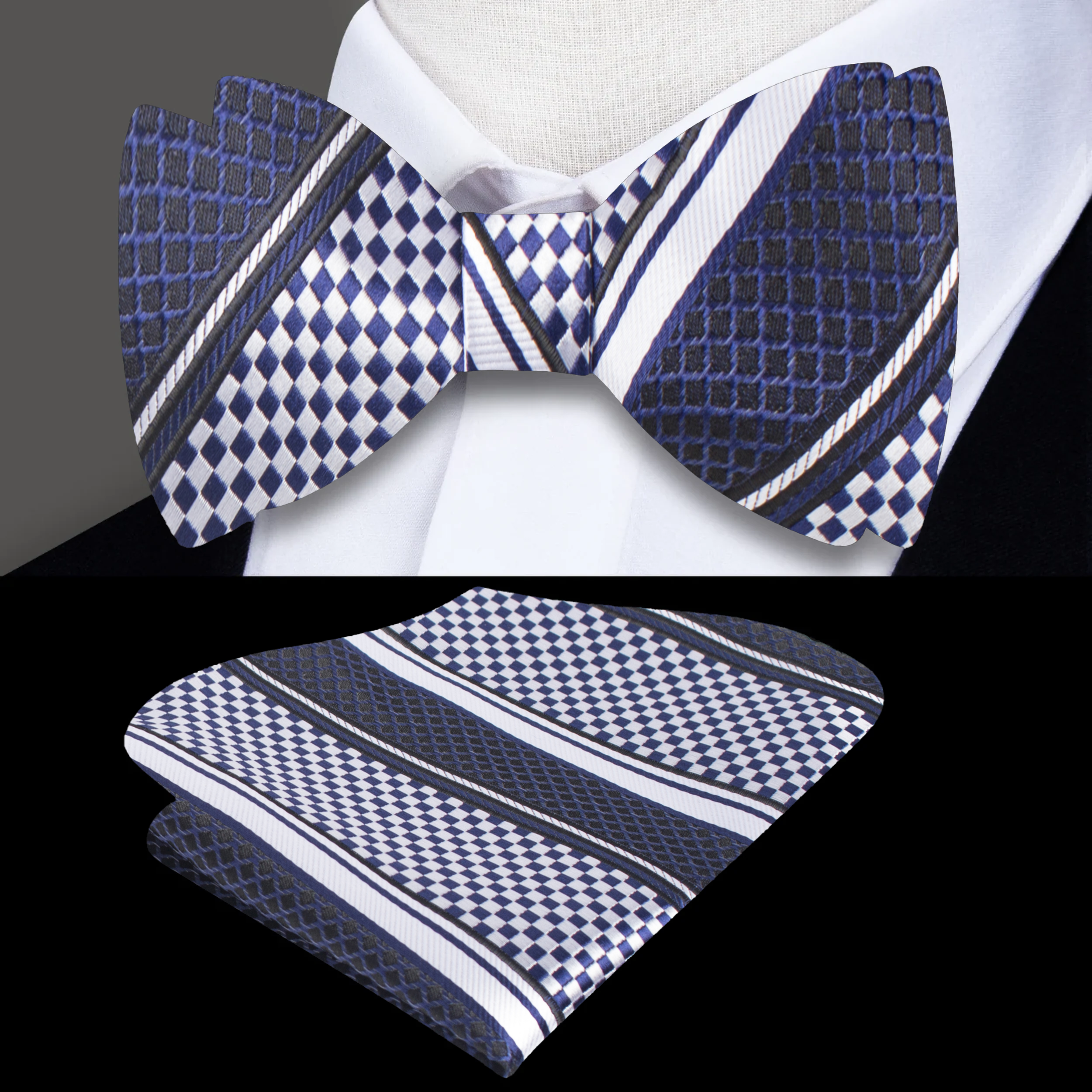 Front view of a check pattern silk bow tie with adjustable strap