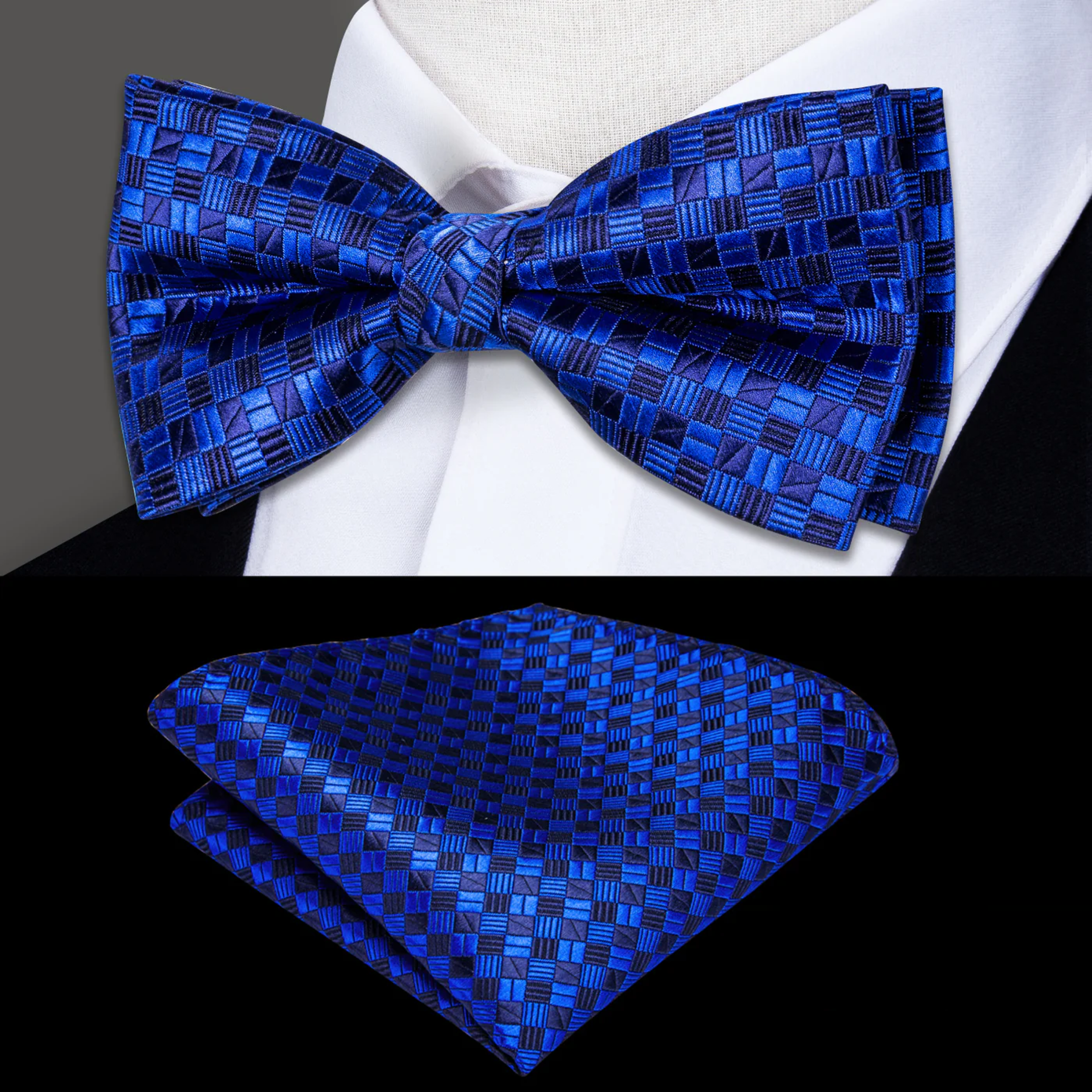 Vibrant geometric self-tie bow tie displayed on a stylish background, highlighting its unique patterns and colors.