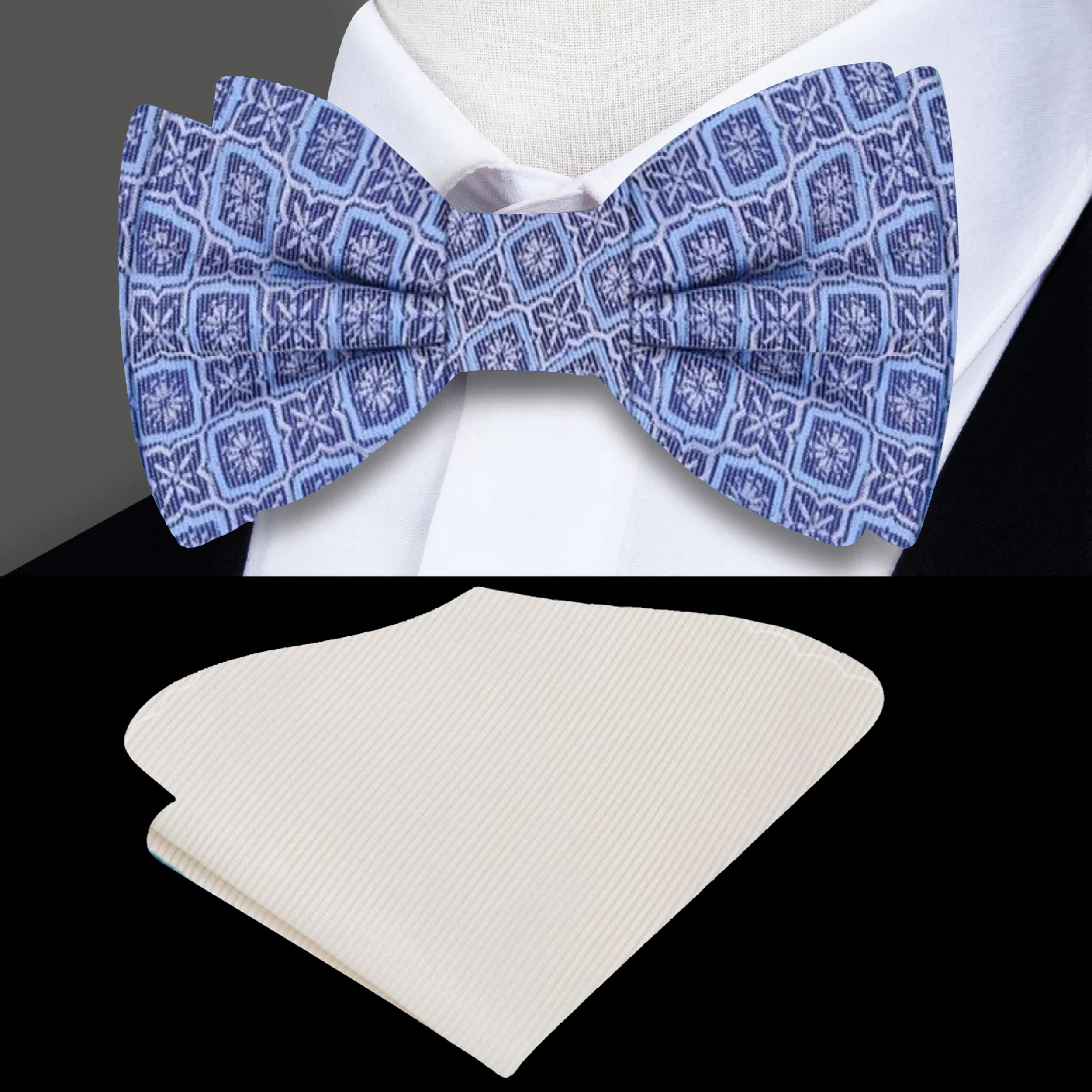 Close-up of the vibrant geometric silk bow tie showcasing the intricate pattern and colors.
