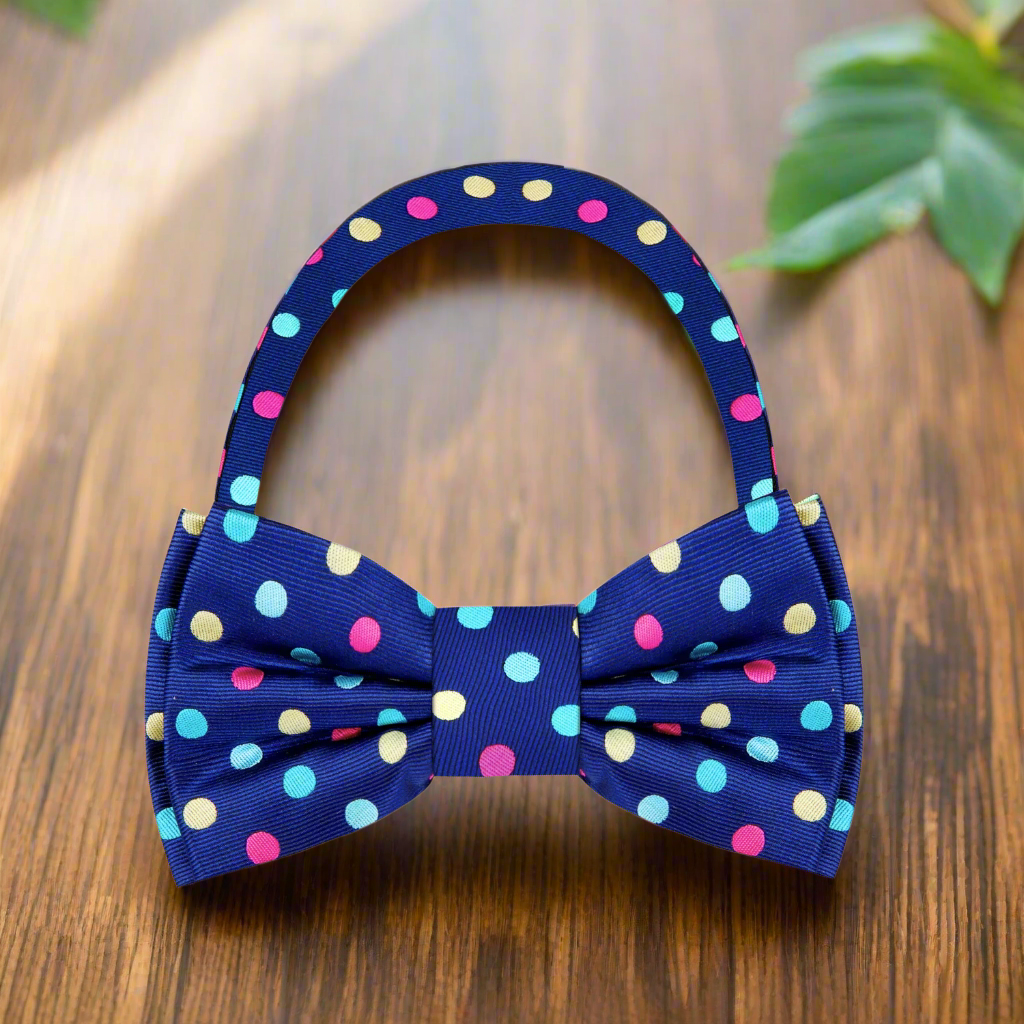 Close-up of the Durnewood Blue Polka Dot Bow Tie showcasing vibrant multi-color dots.