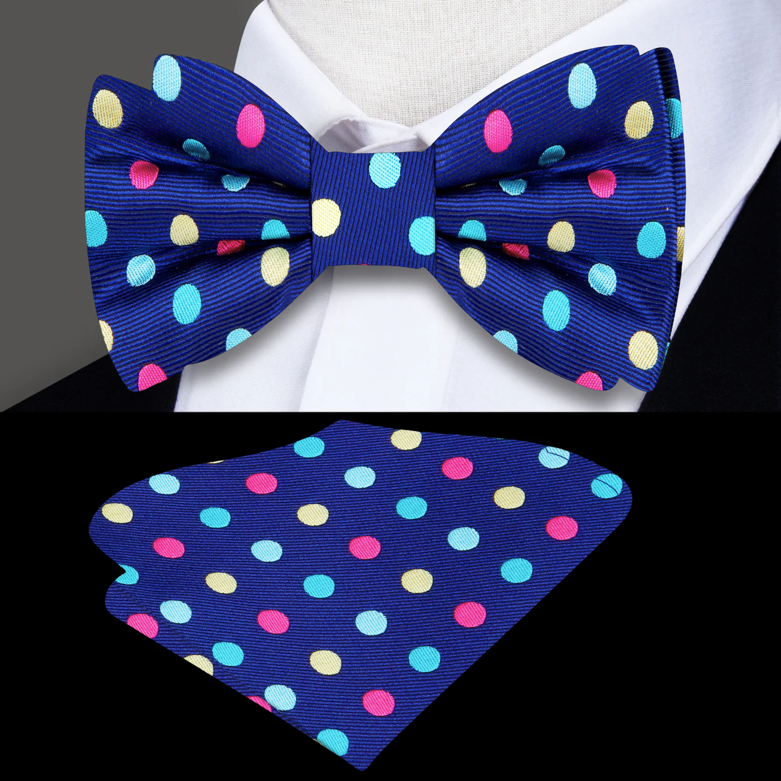Durnewood Blue Polka Dot Bow Tie styled with a crisp white dress shirt for a polished look.