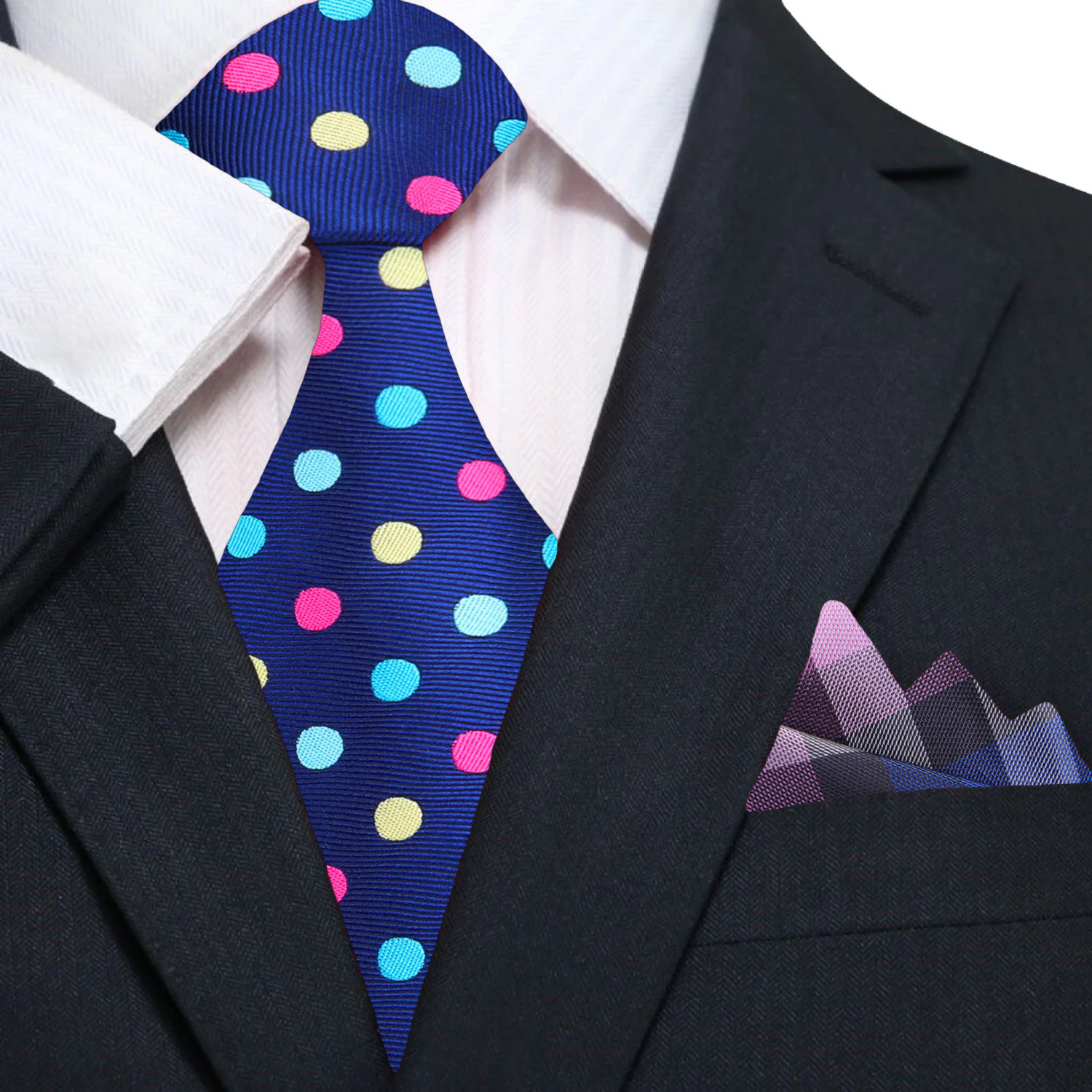 Model wearing the dark blue silk tie at a wedding, paired with a navy suit and white dress shirt.