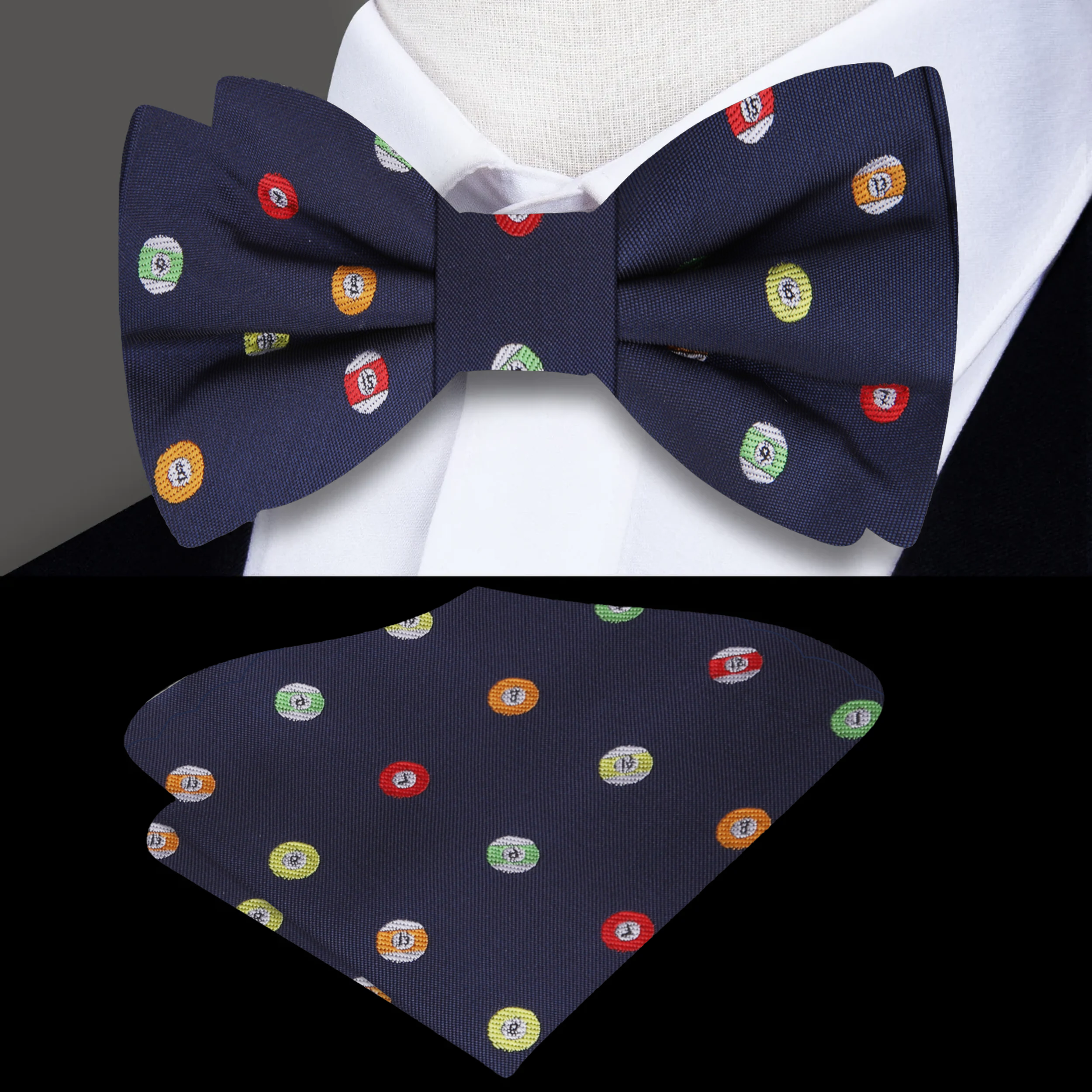 Styled with a navy suit and white shirt, perfect for pool lovers and novelty bow tie collectors