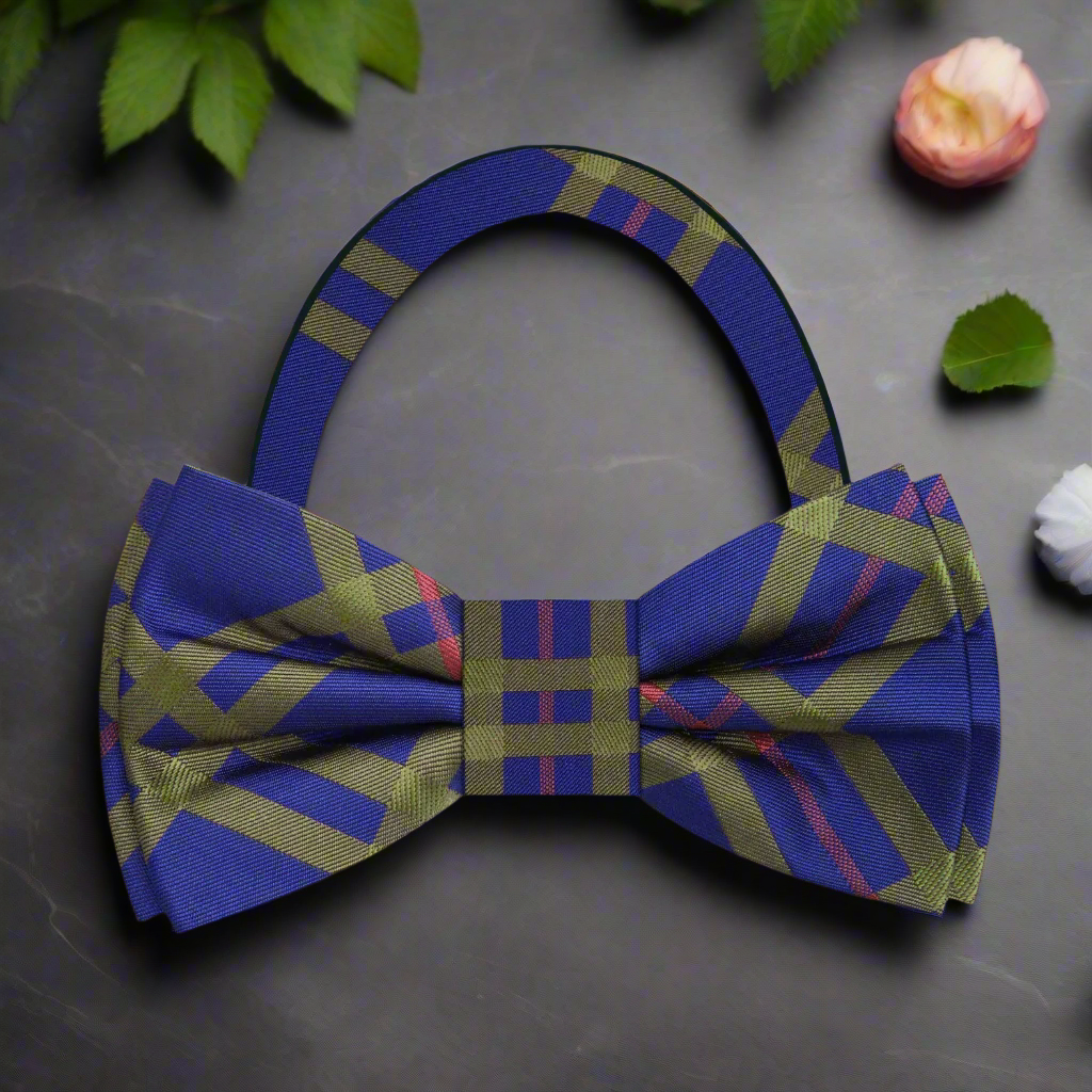 Close-up of Belmont plaid silk bow tie in rich colors