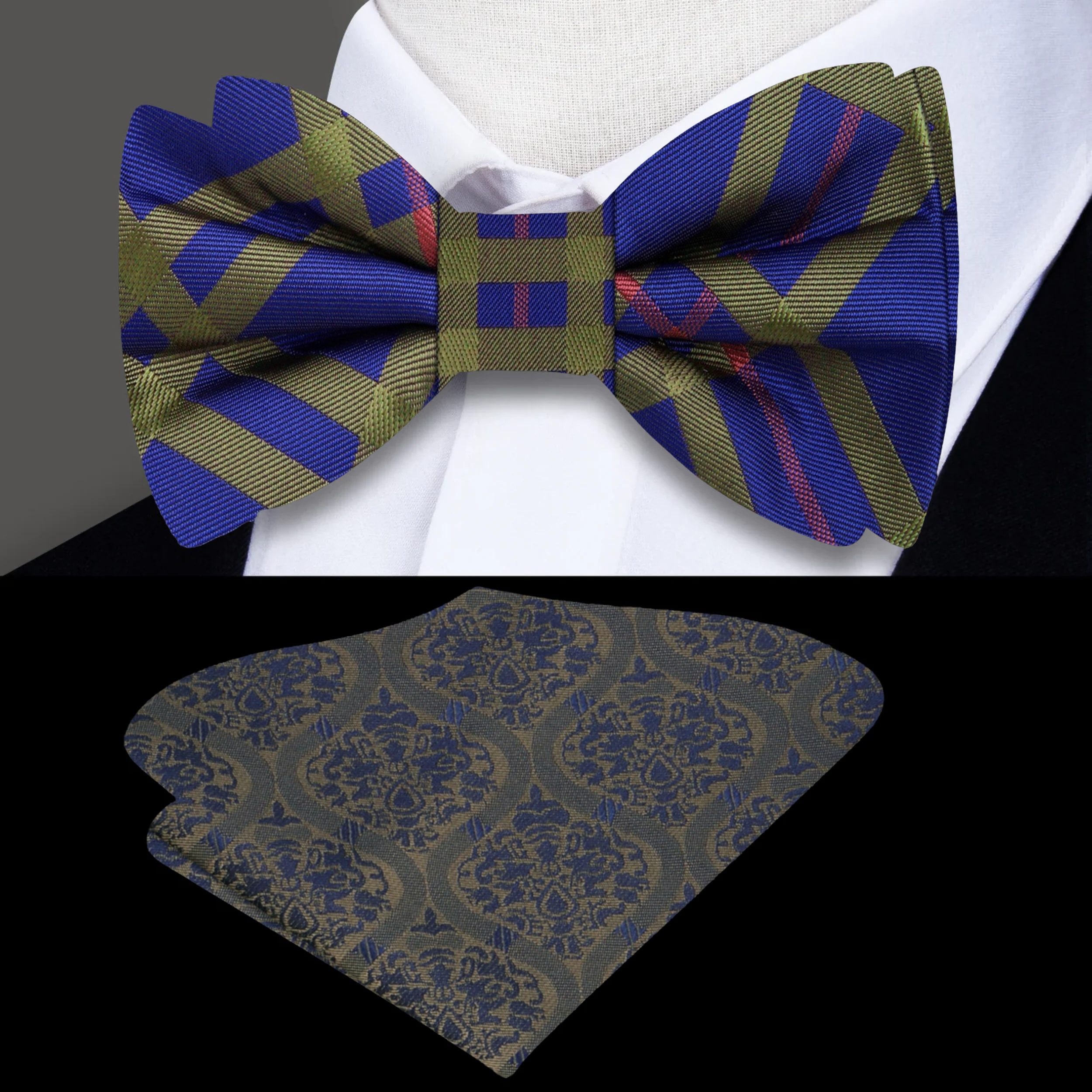 Close-up of Belmont plaid silk bow tie in rich colors