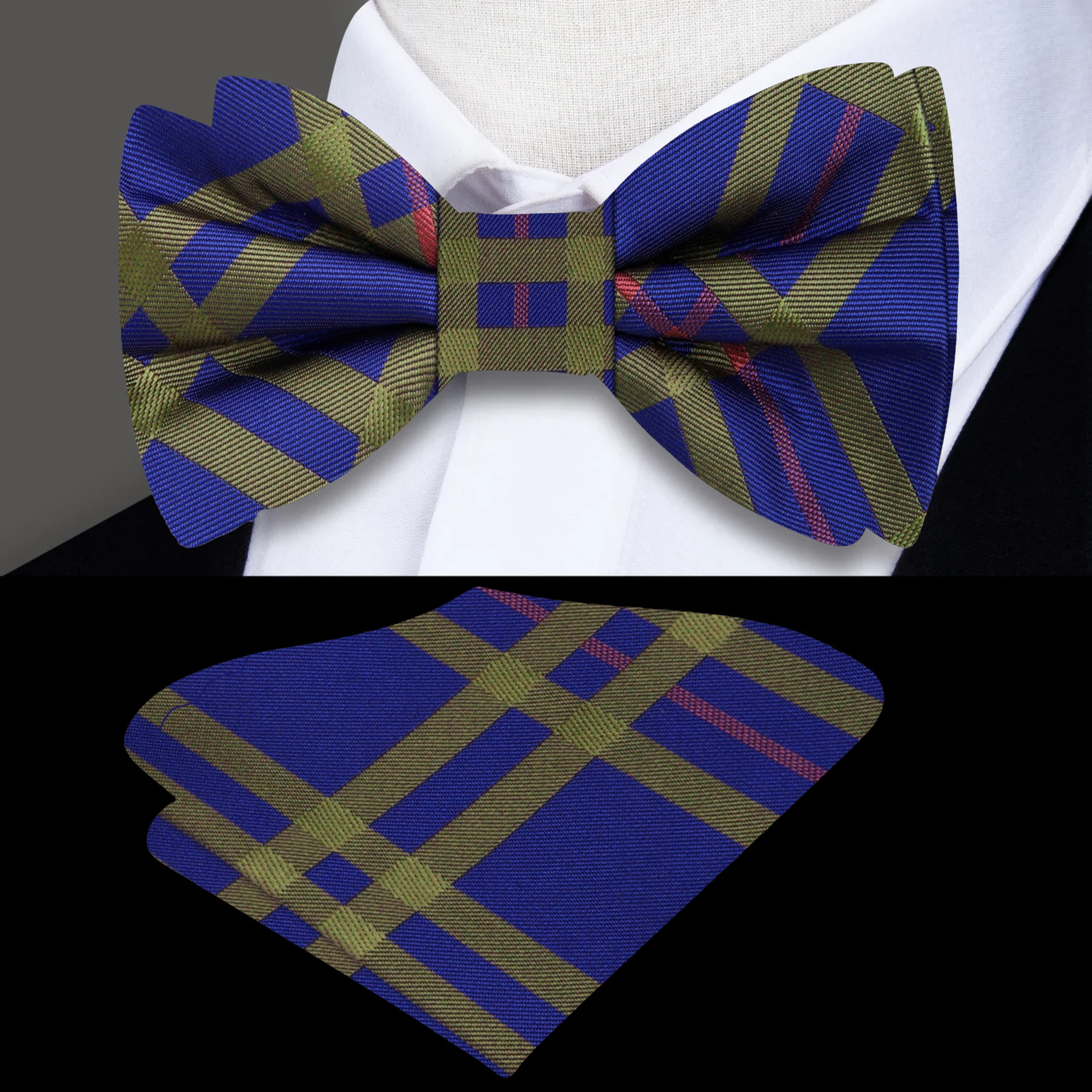 Elegant plaid bow tie paired with a navy suit and pocket square