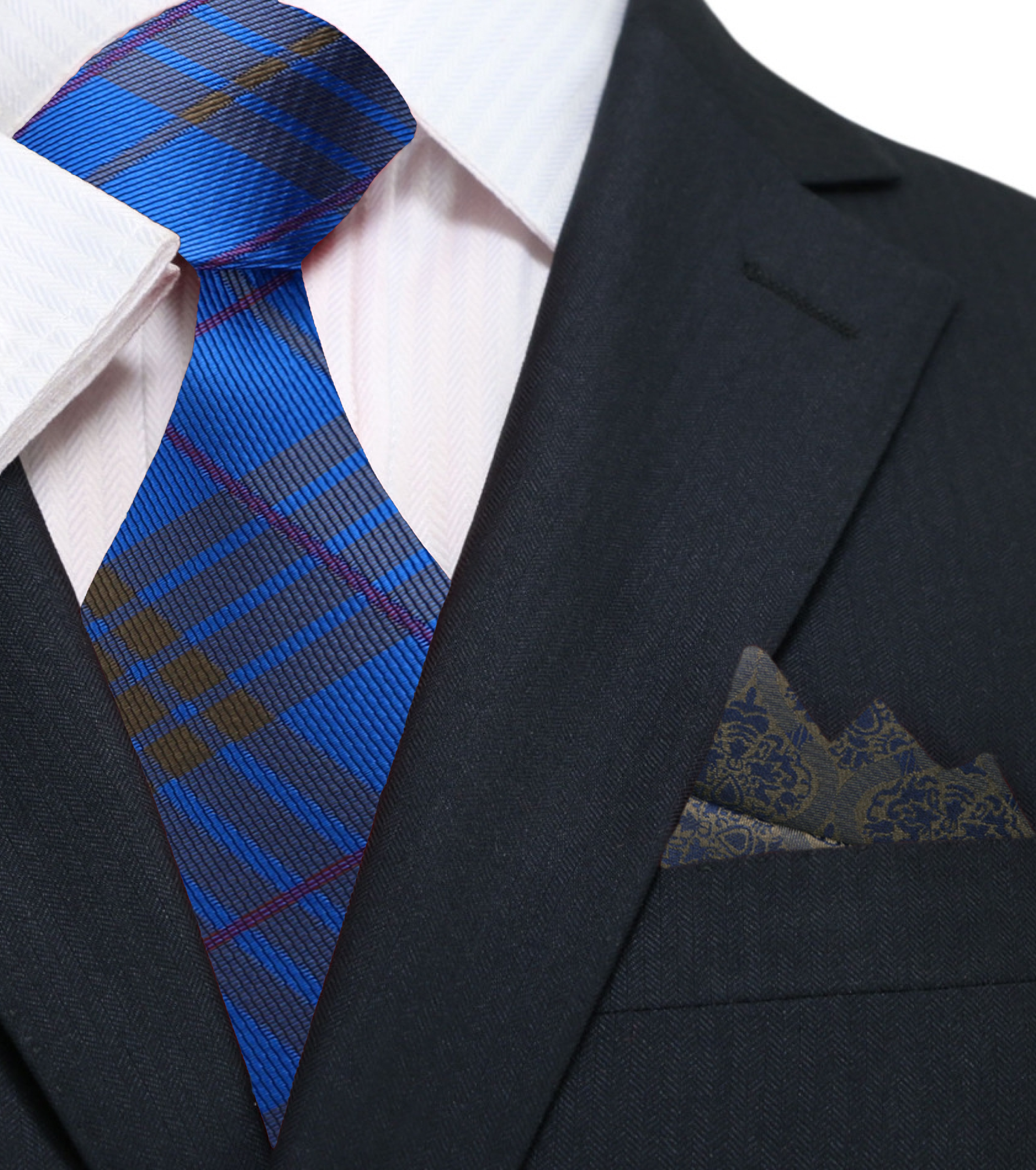 Model wearing the plaid necktie with a navy suit, demonstrating a professional look.