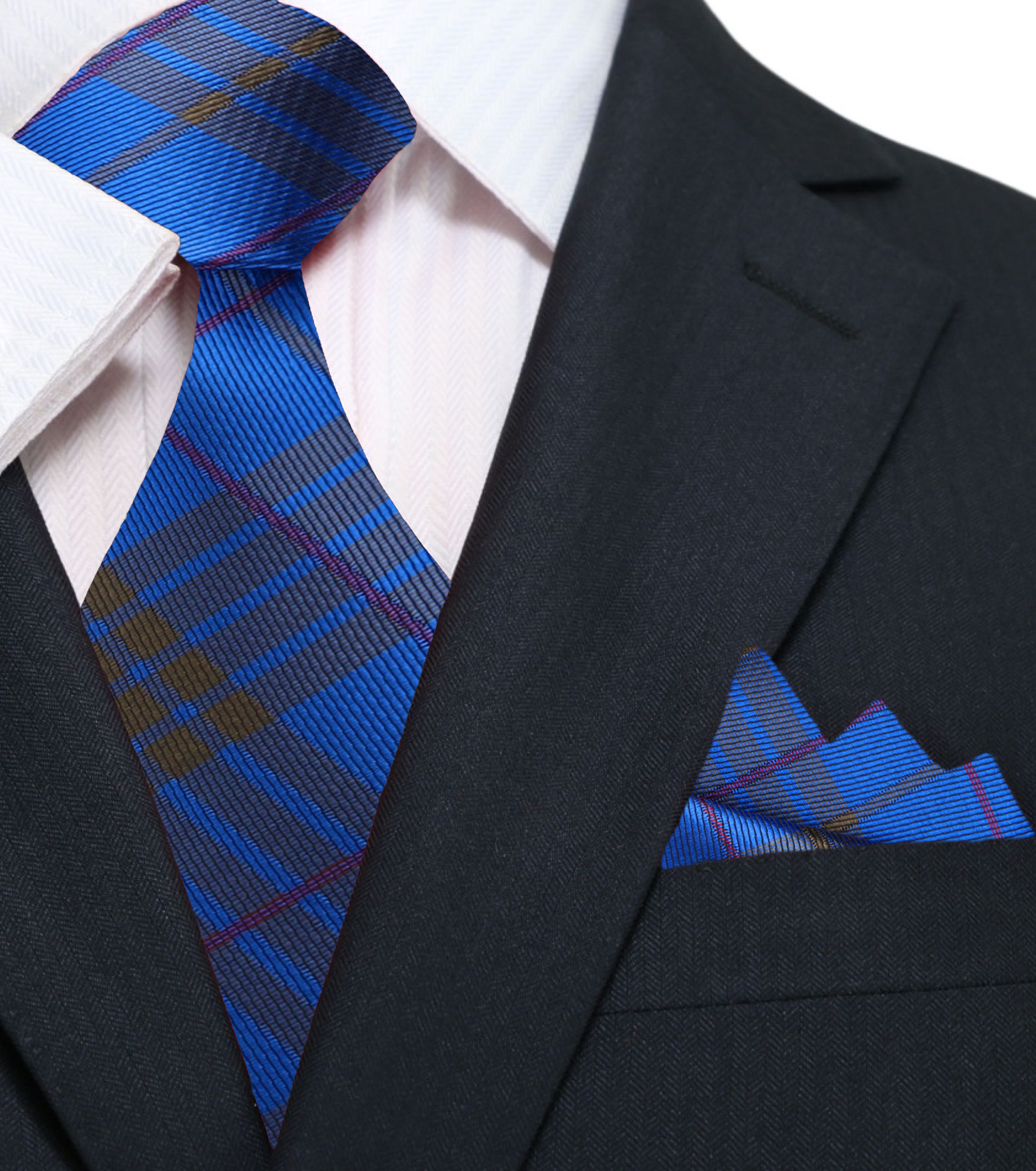 Close-up of the plaid silk tie showcasing the rich blue, olive green, and red tones.