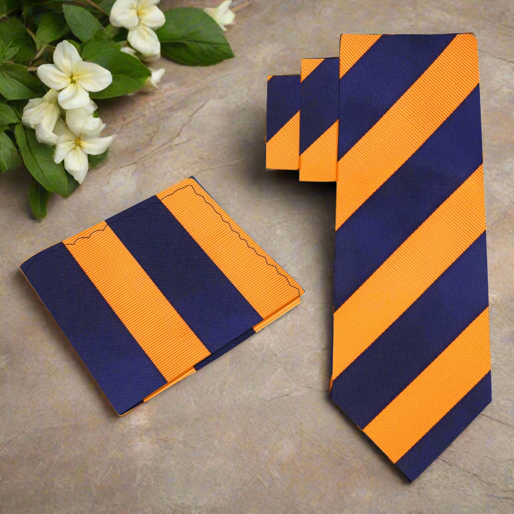A model wearing the Braythorne striped tie with a navy suit, highlighting its versatility for business events.