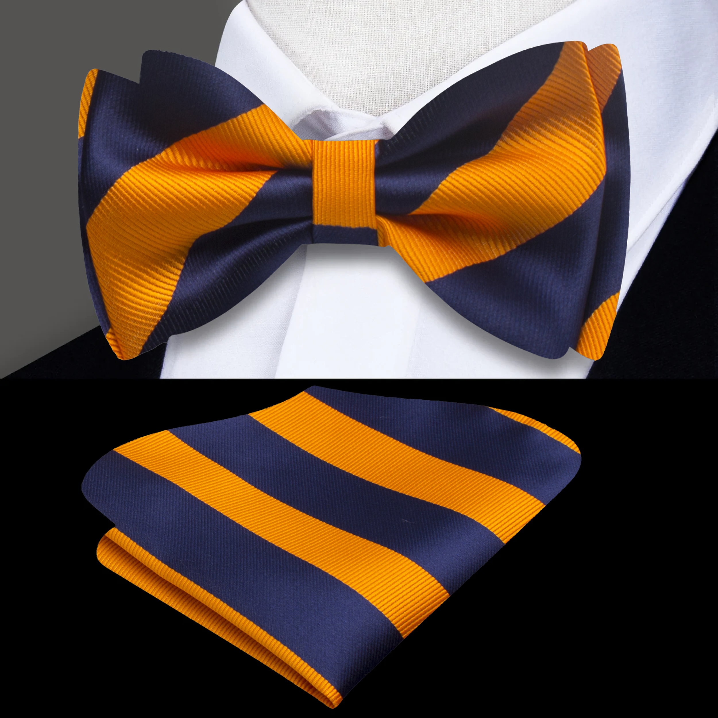 Front view of kids starburst stripe bow tie, showcasing the blue and orange stripes.