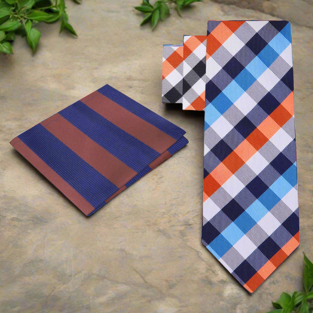 Vibrant silk check necktie displayed against a navy blue suit, highlighting its modern appeal.