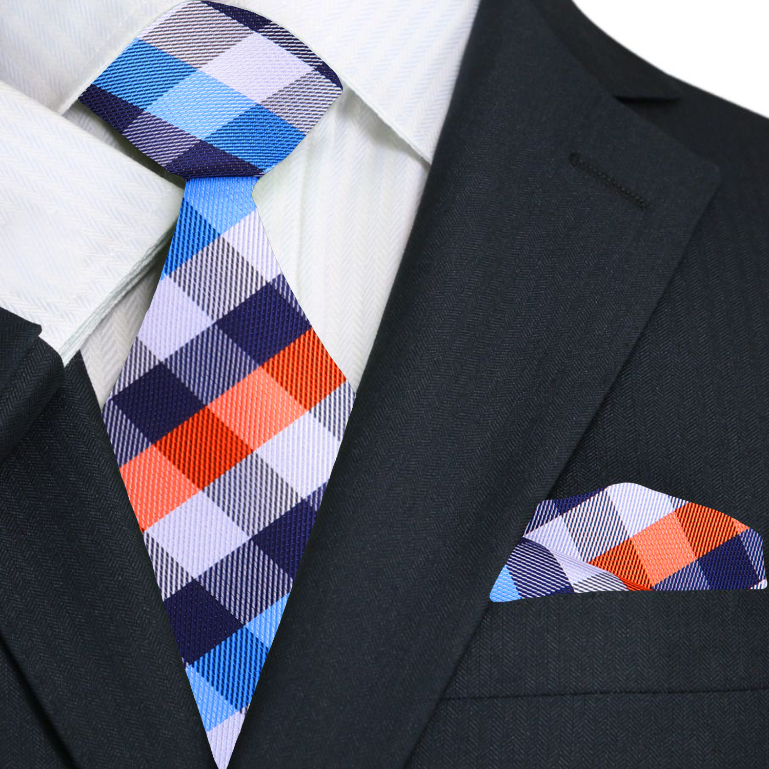 Close-up view of vibrant silk check necktie in white, blue, and orange, showcasing its intricate pattern.