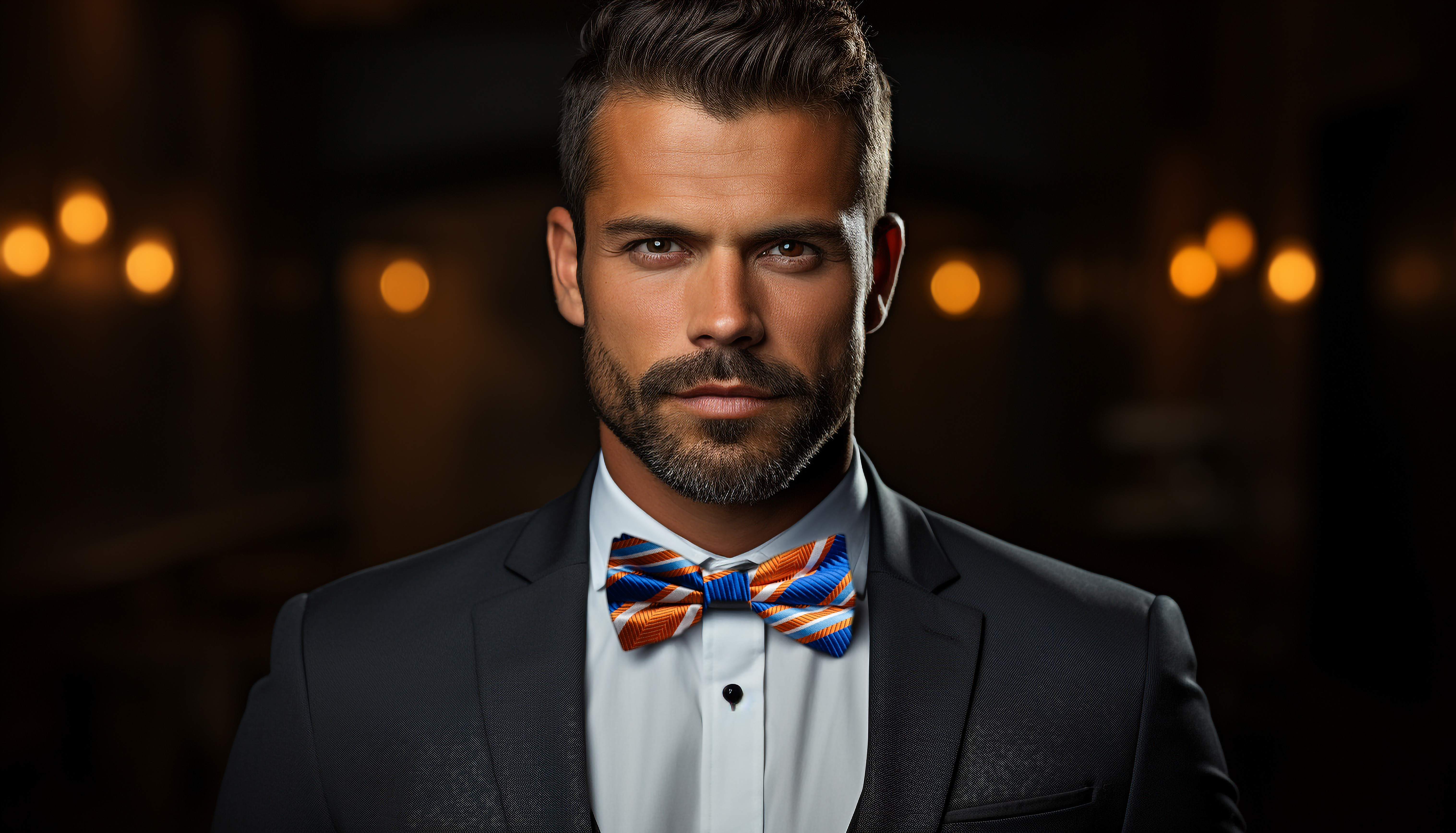 Model wearing the self-tie Delta Stripe Bow Tie paired with a suit for a formal event.