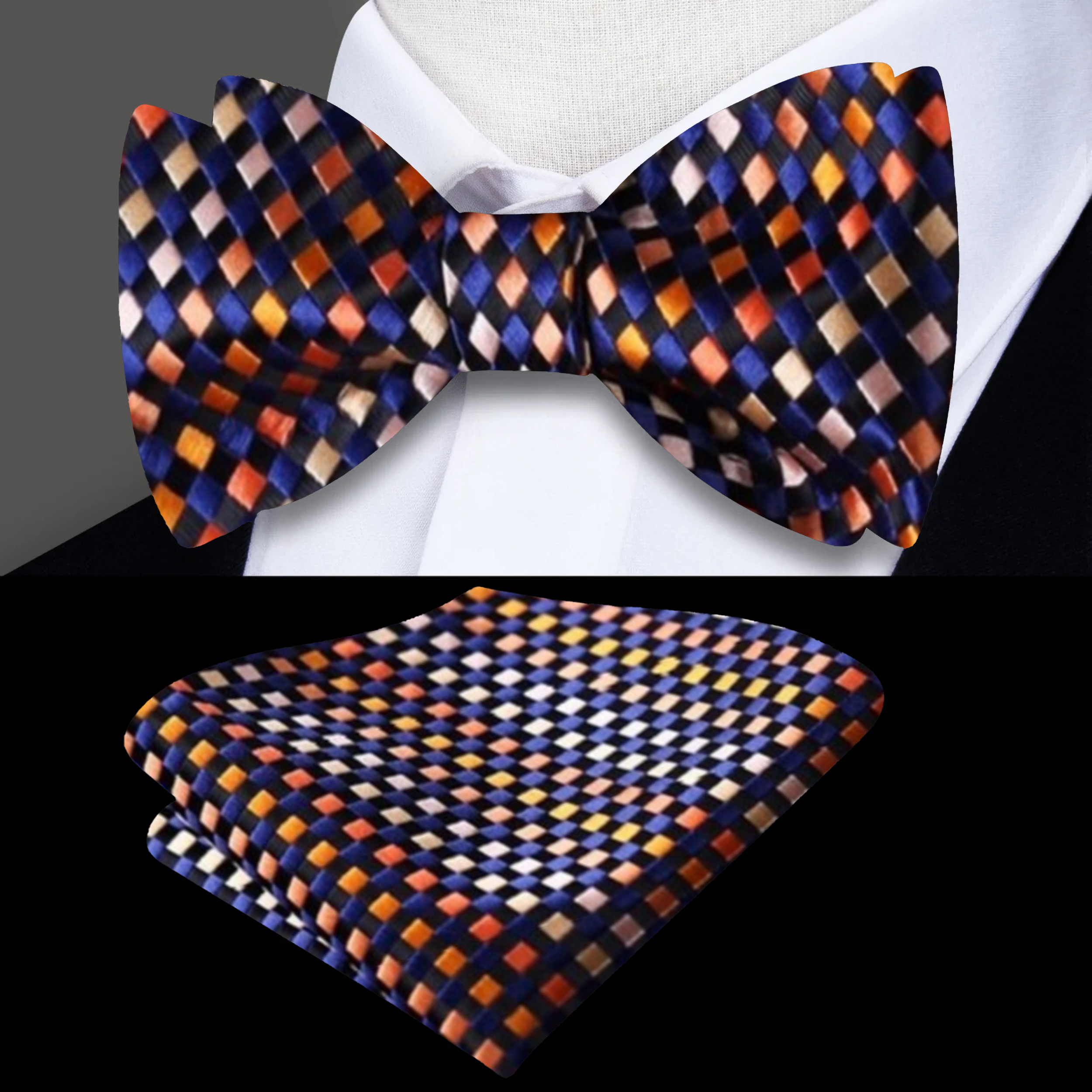 Front view of the blue and purple silk self tie bow tie on a mannequin