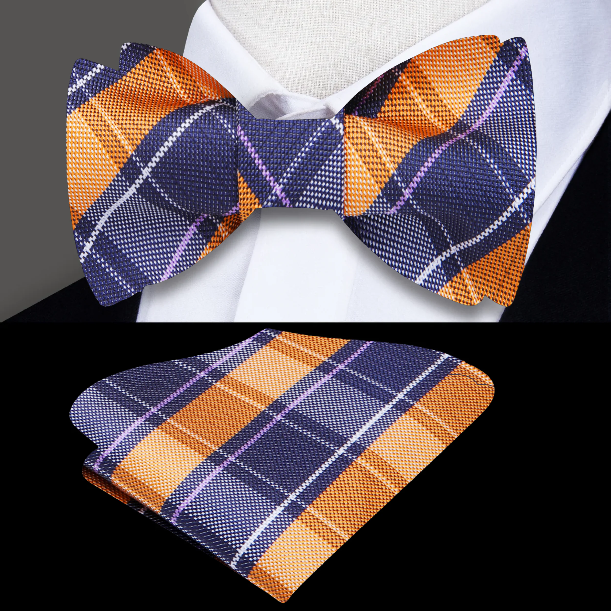 Fashionable man wearing a plaid bow tie with a shirt and blazer, ideal for evening outings