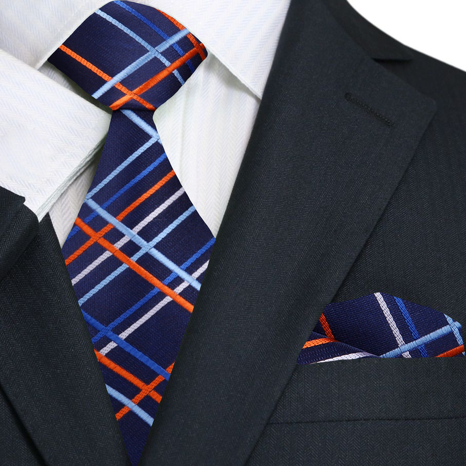 Close-up of Legion plaid silk necktie in blue and green shades, showing the detailed pattern