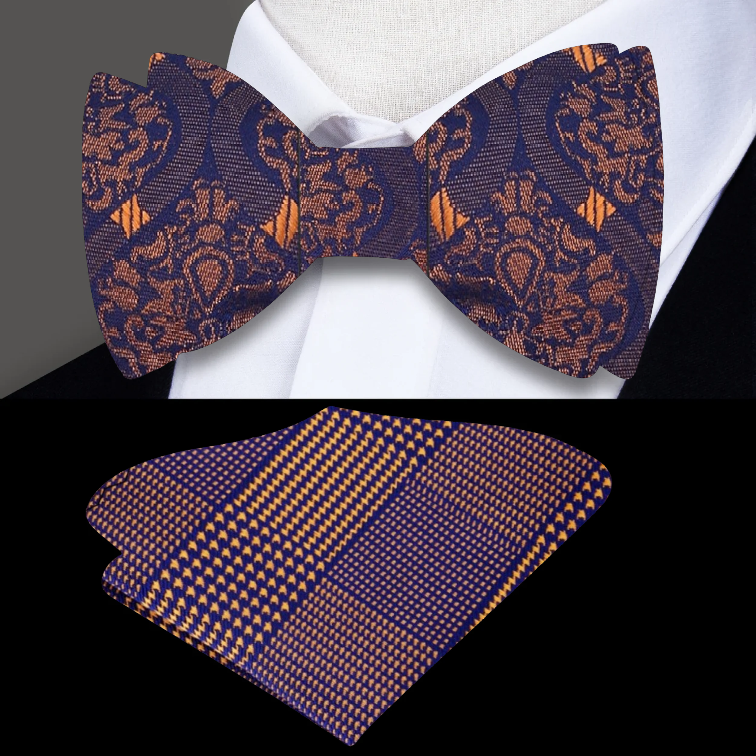 Close-up of the Painted Desert silk self-tie bow tie showing its abstract blue and orange pattern.