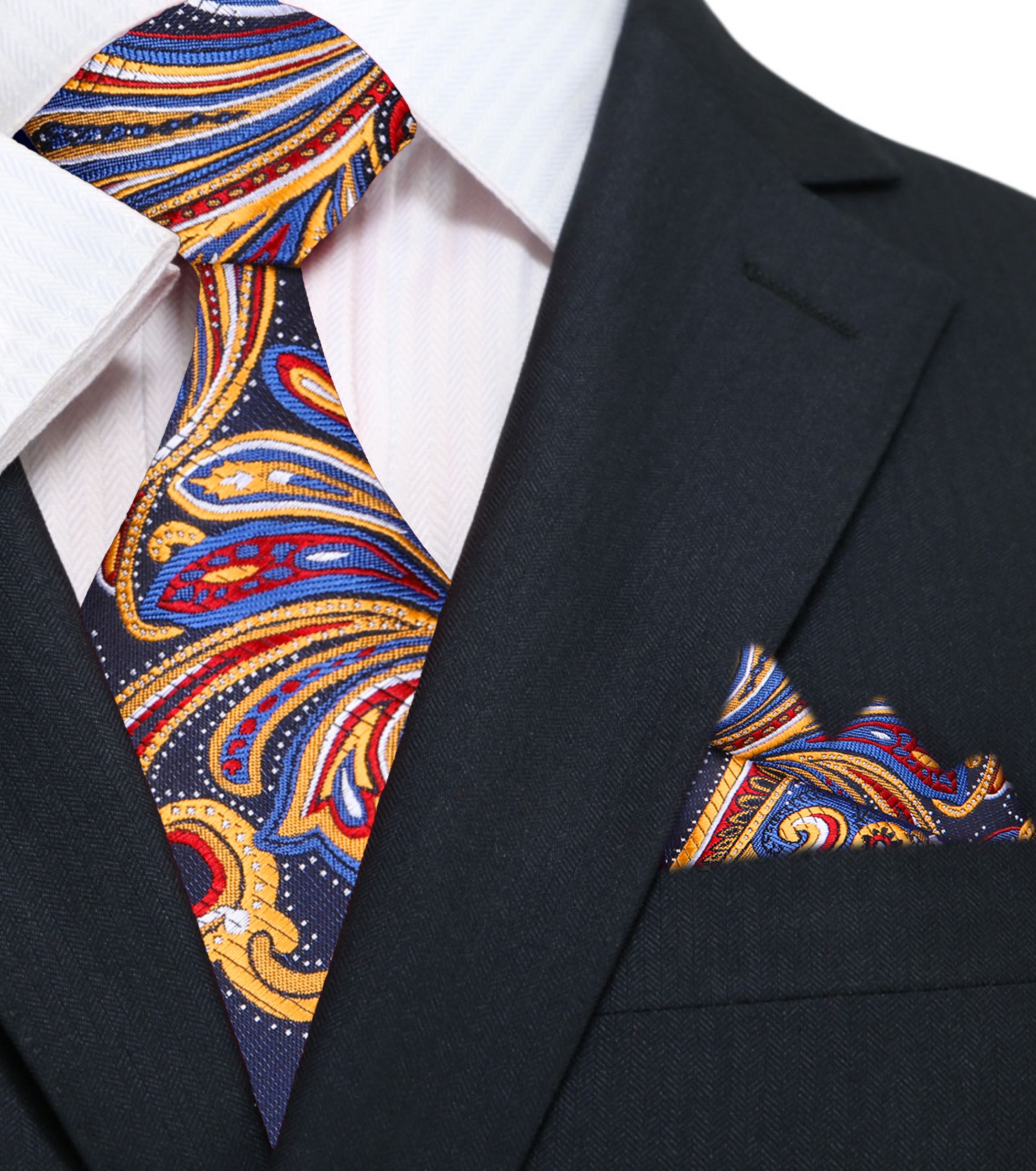 Richmond paisley silk necktie in deep blue with matching pocket square, perfect for formal events.