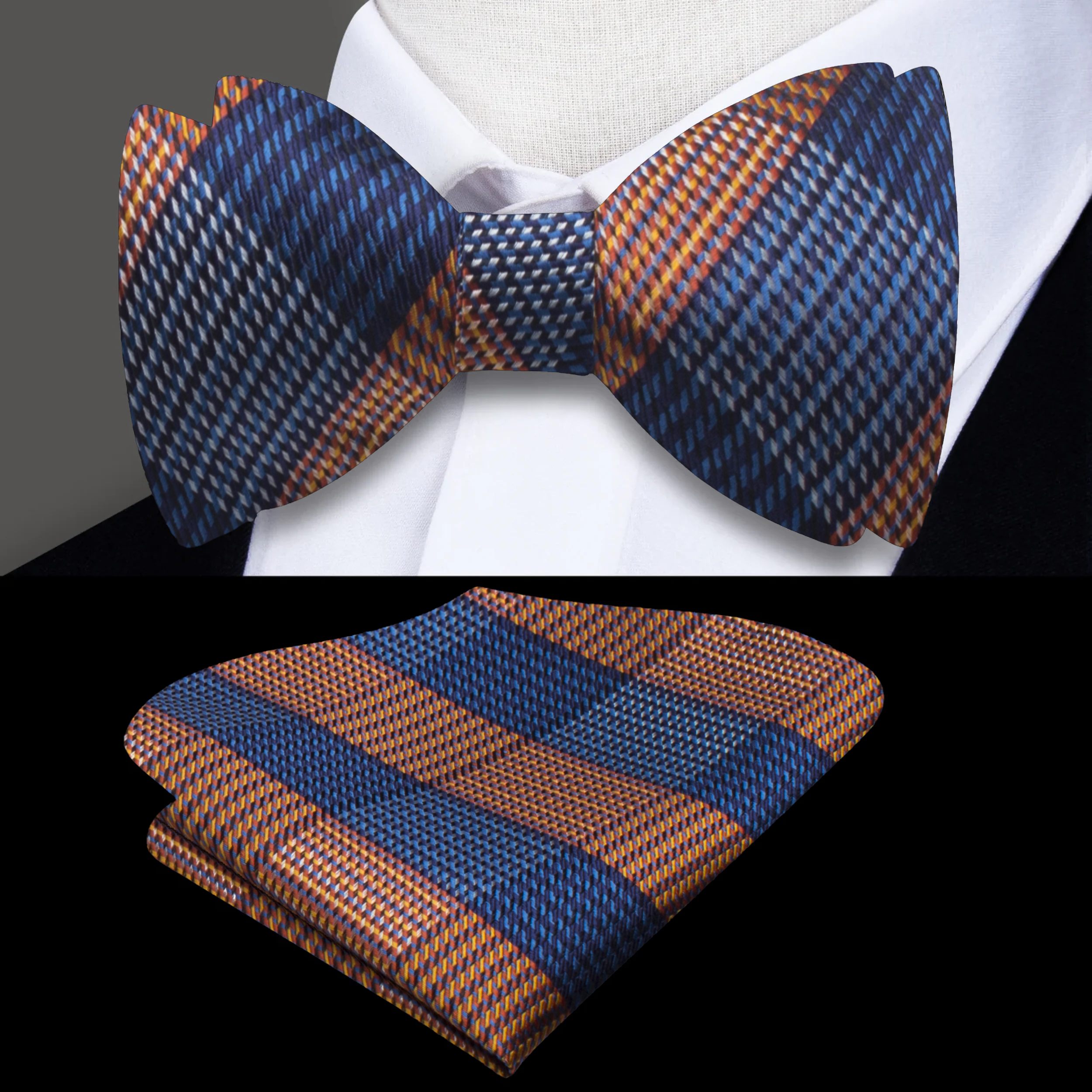 Close-up of red and blue plaid silk bow tie on a mannequin for wedding attire