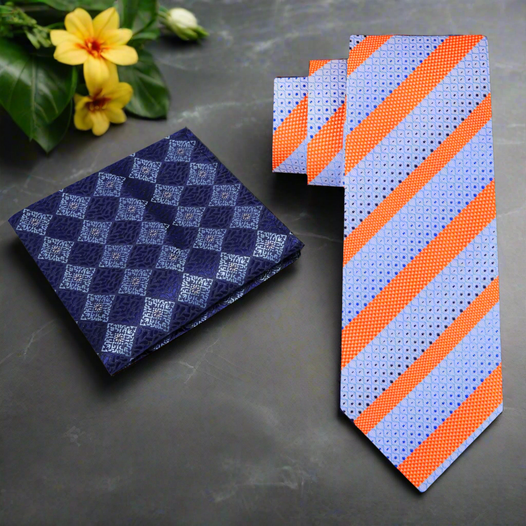 Close-up of light blue and orange striped necktie with crisp stripe pattern