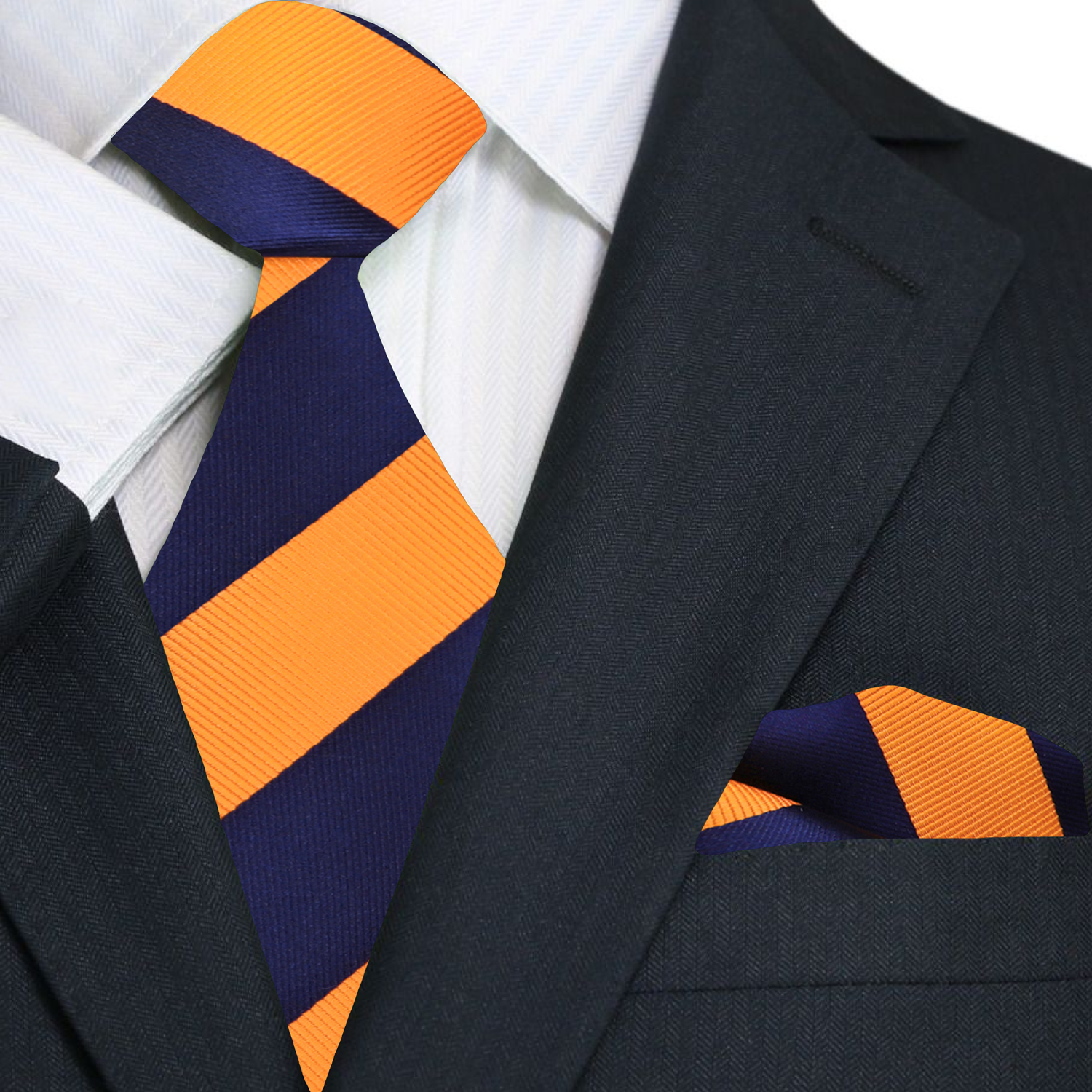 Close-up view of the Braythorne blue and orange striped necktie, showcasing its elegant fabric and bold design.
