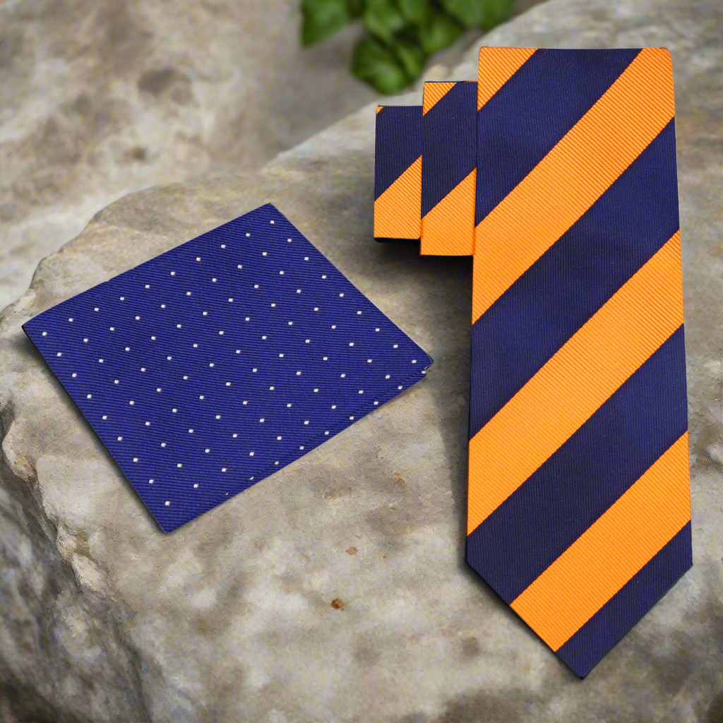 A model wearing the Braythorne striped tie with a navy suit, highlighting its versatility for business events.