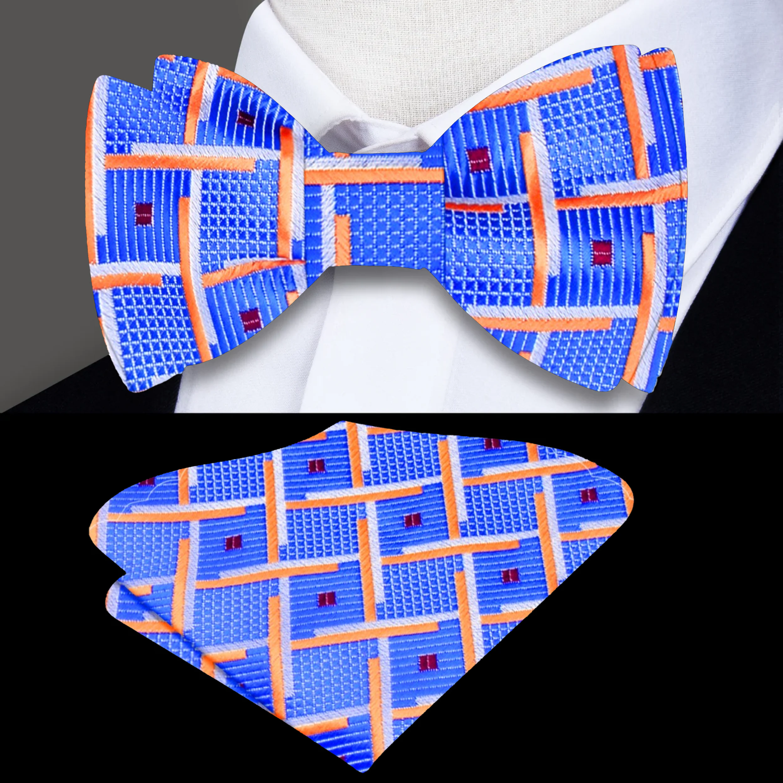Silk bow tie with matching pocket square styled with a suit