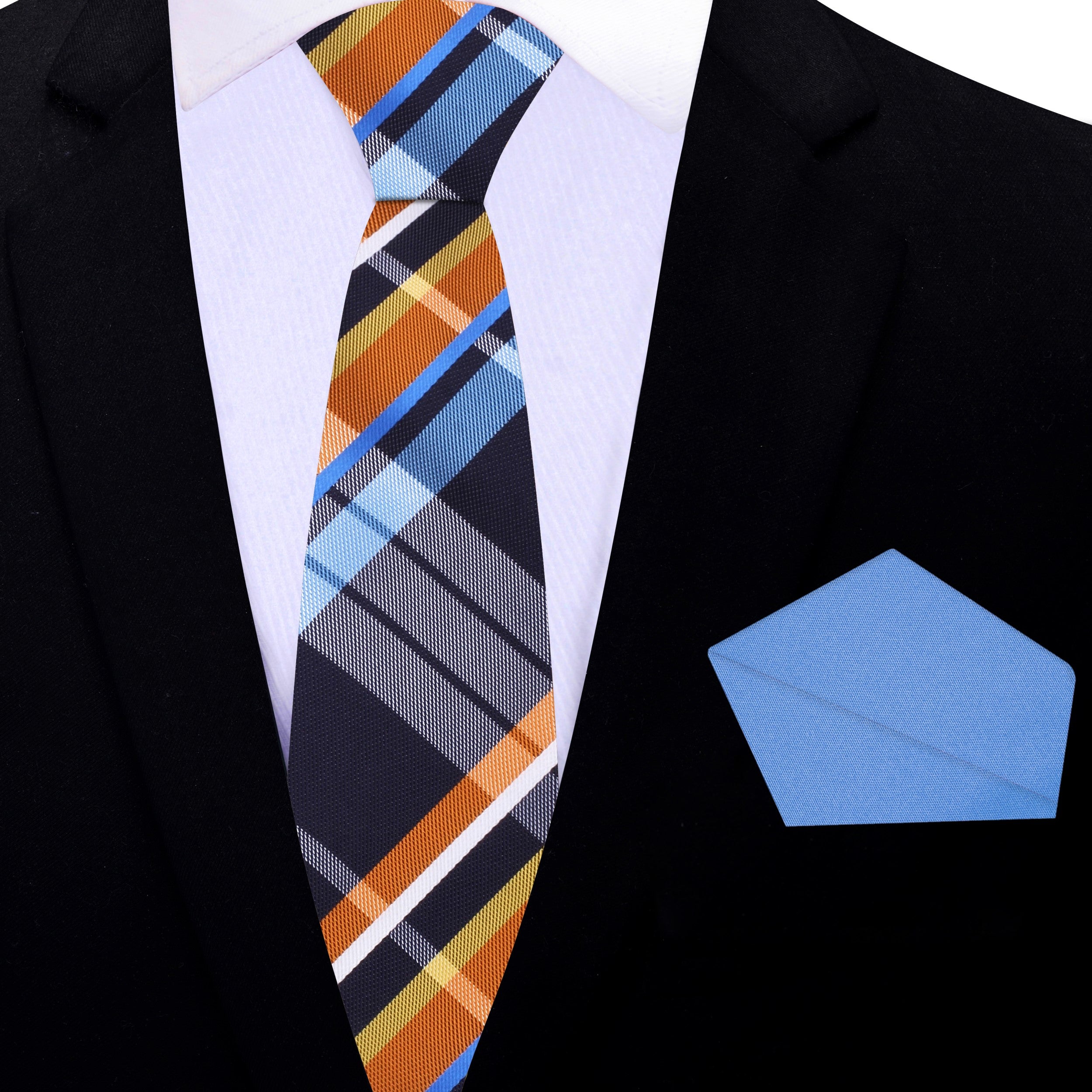 Front view of the bold Haven plaid silk necktie showcasing its vibrant colors and pattern.