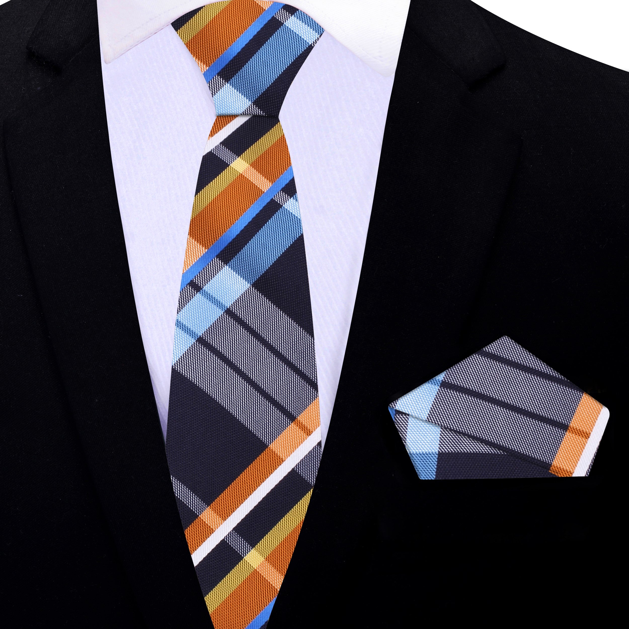 Front view of the bold Haven plaid silk necktie showcasing its vibrant colors and pattern.