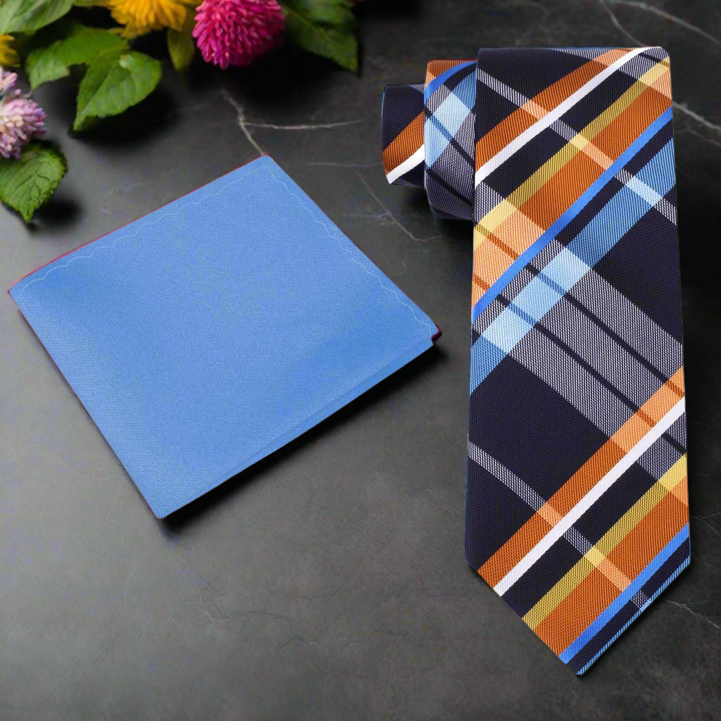 Plaid necktie styled with a white dress shirt and navy suit, perfect for a business casual look.