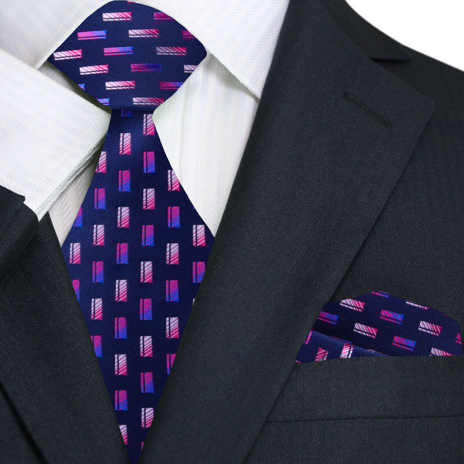 Wisteria Elegance Silk Tie displayed with a white dress shirt and navy suit, showcasing its vibrant check pattern.
