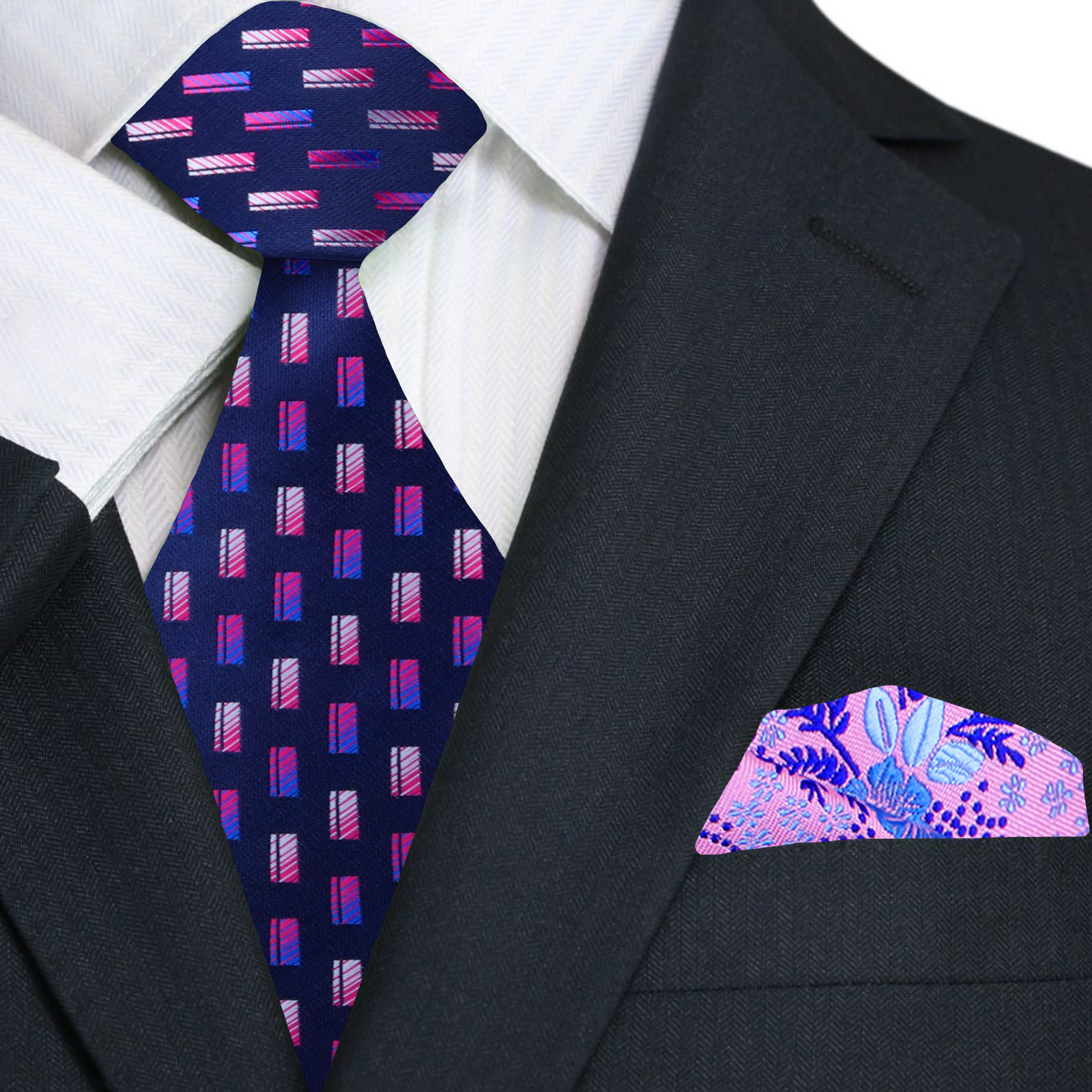 Close-up of the Wisteria Silk Ties intricate check pattern in deep blue and pink, highlighting the quality silk material.