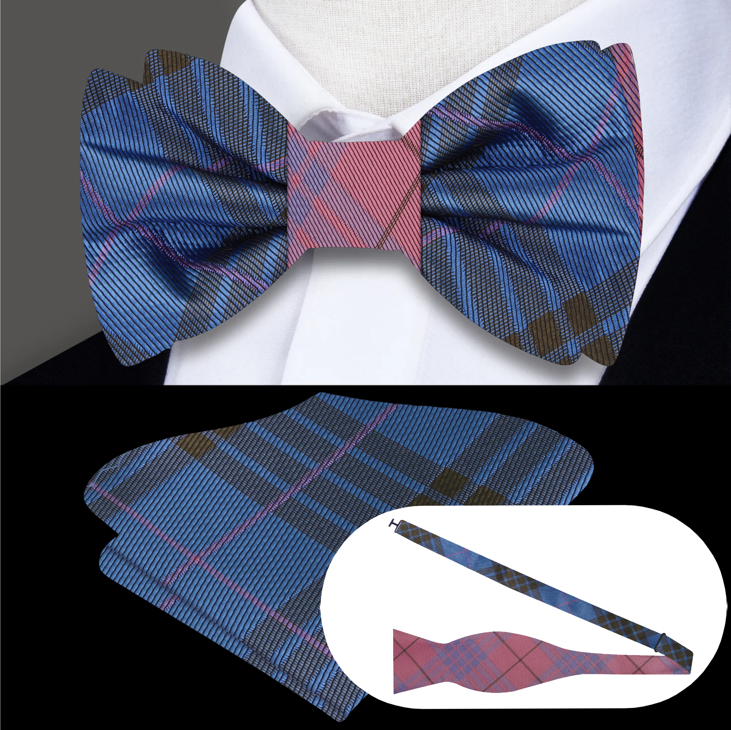 Close-up of luxury reversible silk bow tie in plaid pattern, front view