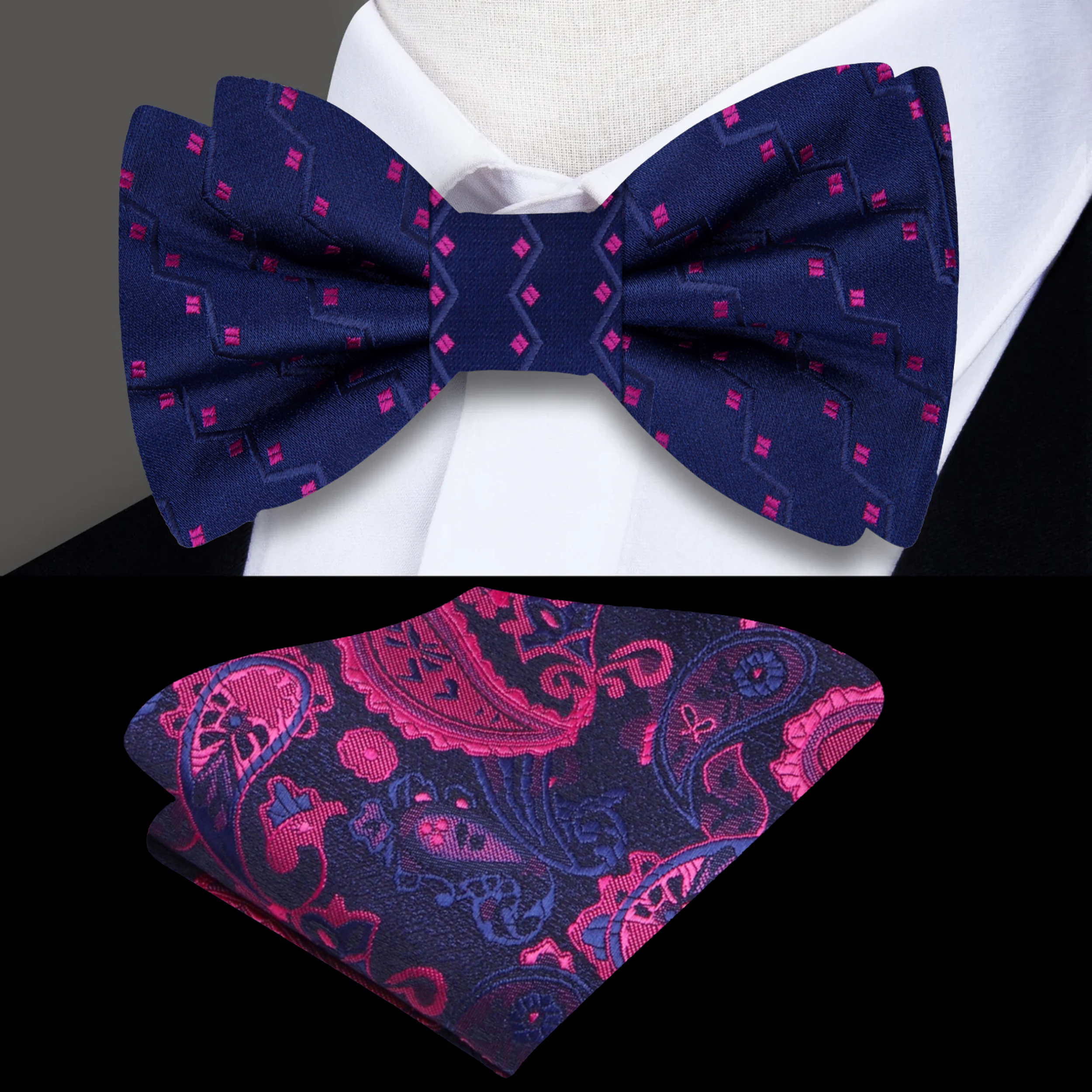 Front view of the vibrant blue jagged checks bow tie against a neutral background.
