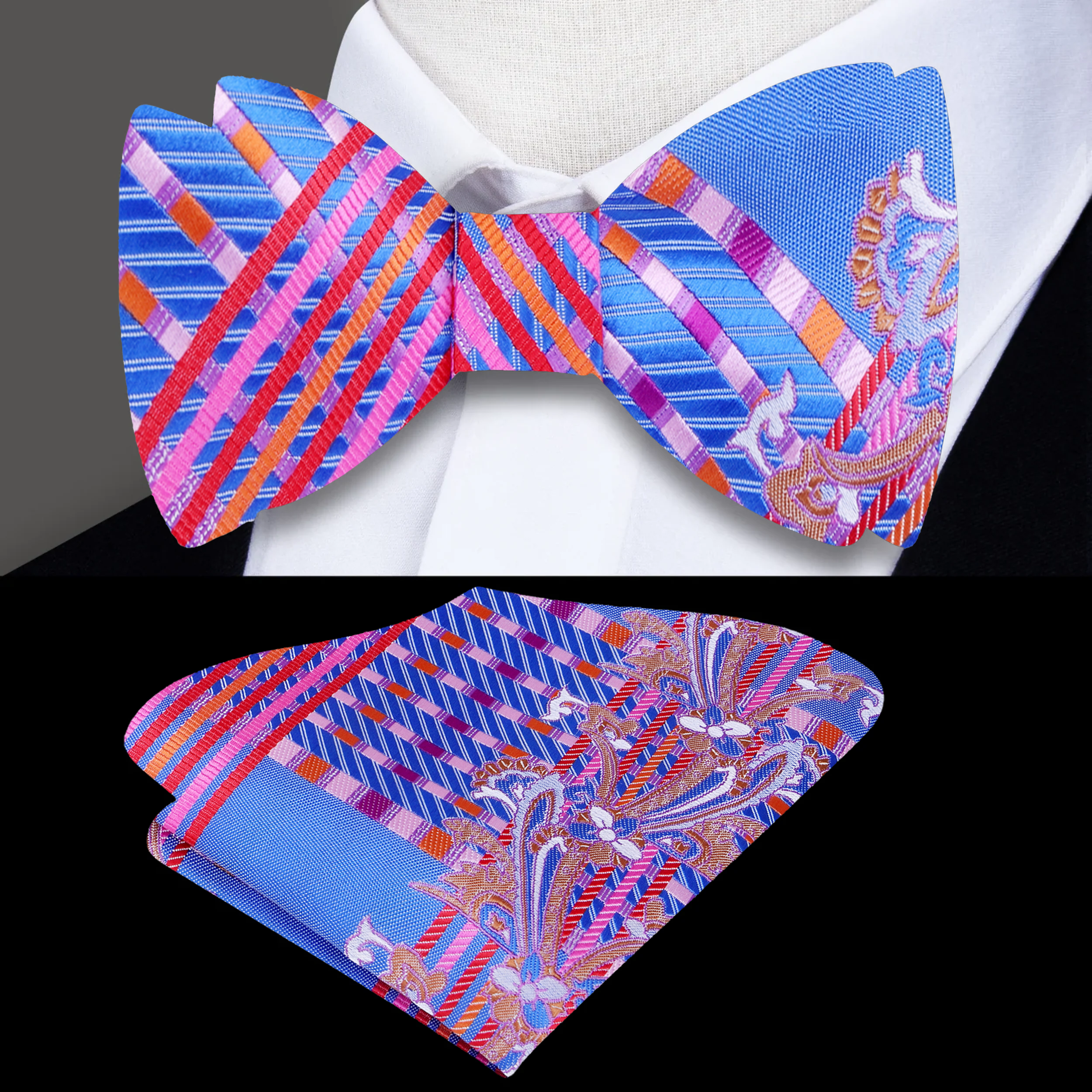Matching silk pocket square with paisley pattern, complementing the luxury bow tie for a sophisticated look