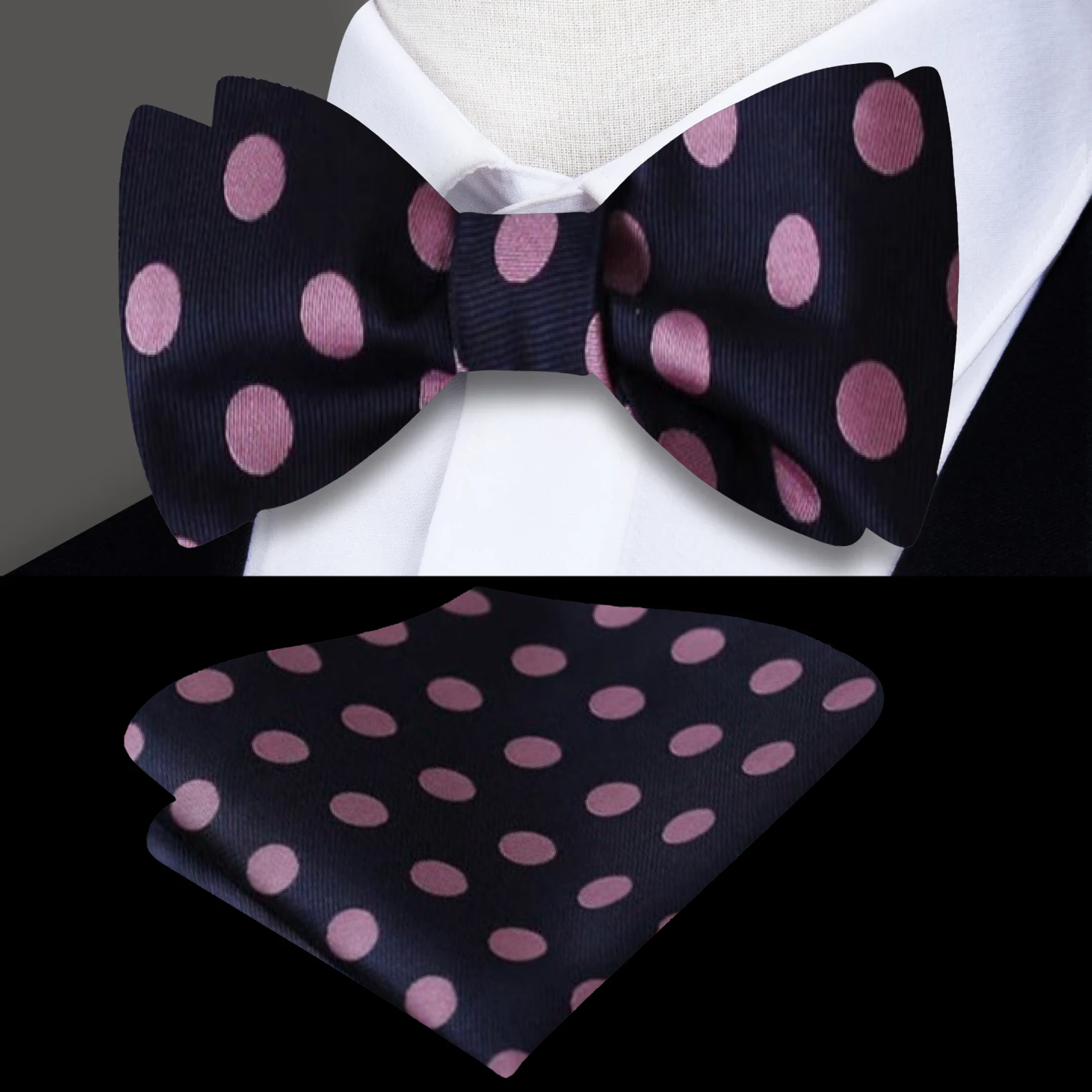 A stylish arrangement of various self-tie bow ties showcasing different polka dot patterns and colors.