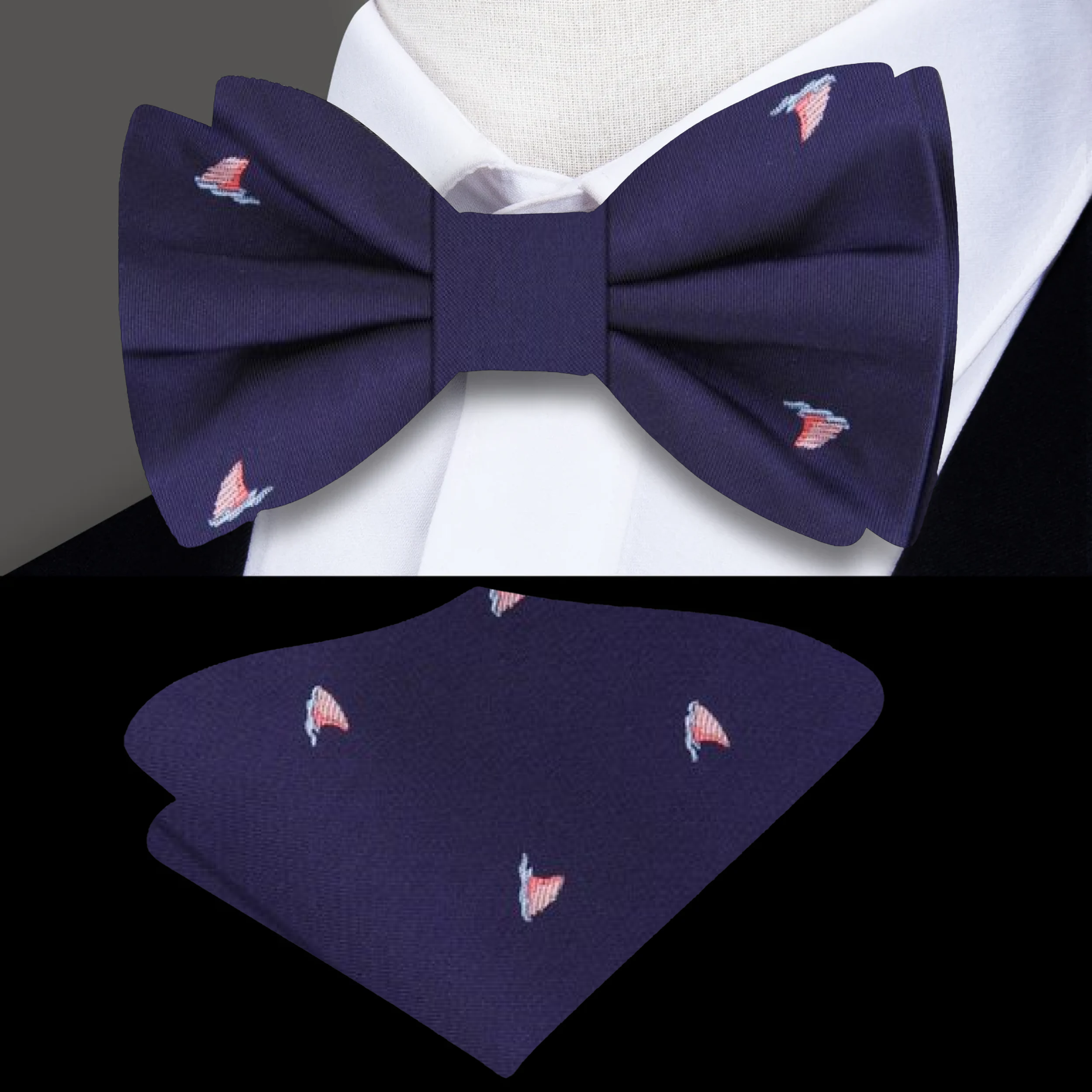 The Nautical Whimsy Shark Fin Bow Tie styled with a white dress shirt and navy suit, ideal for weddings.