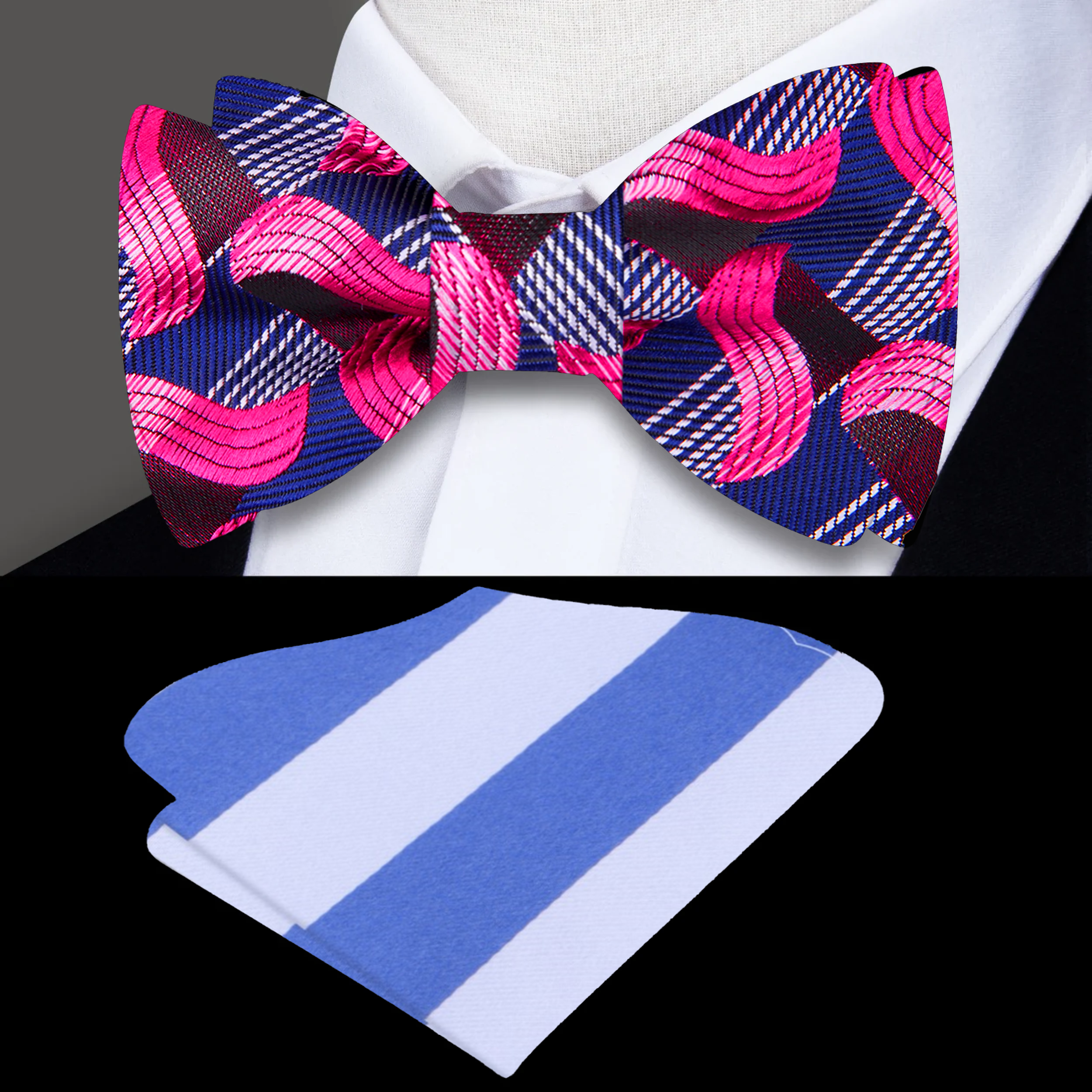 Close-up of the pink wave patterned silk bow tie for weddings