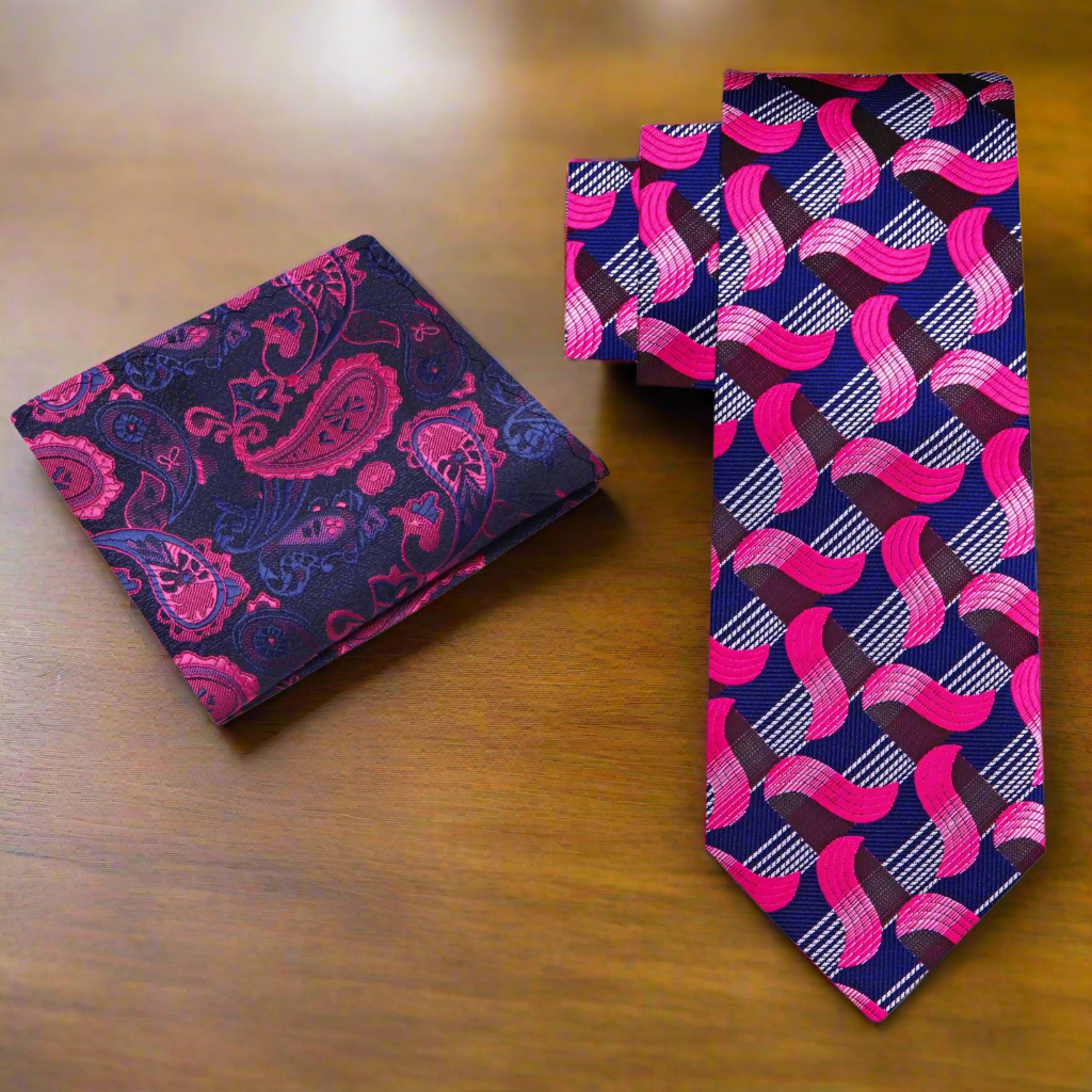 Necktie displayed with a navy suit, illustrating versatility for formal occasions.