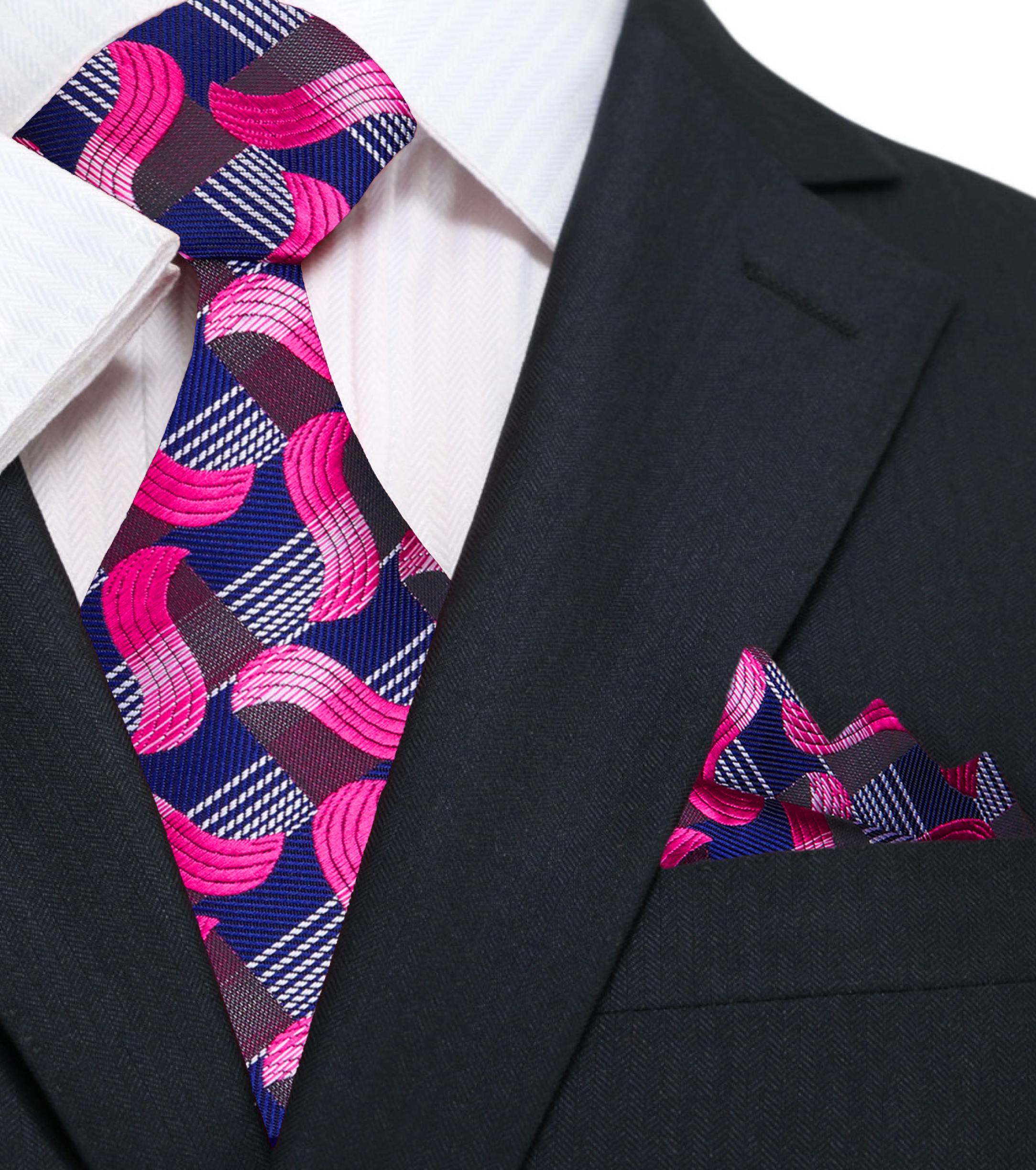 Close-up of the vibrant blue and pink abstract silk necktie showcasing its unique design.